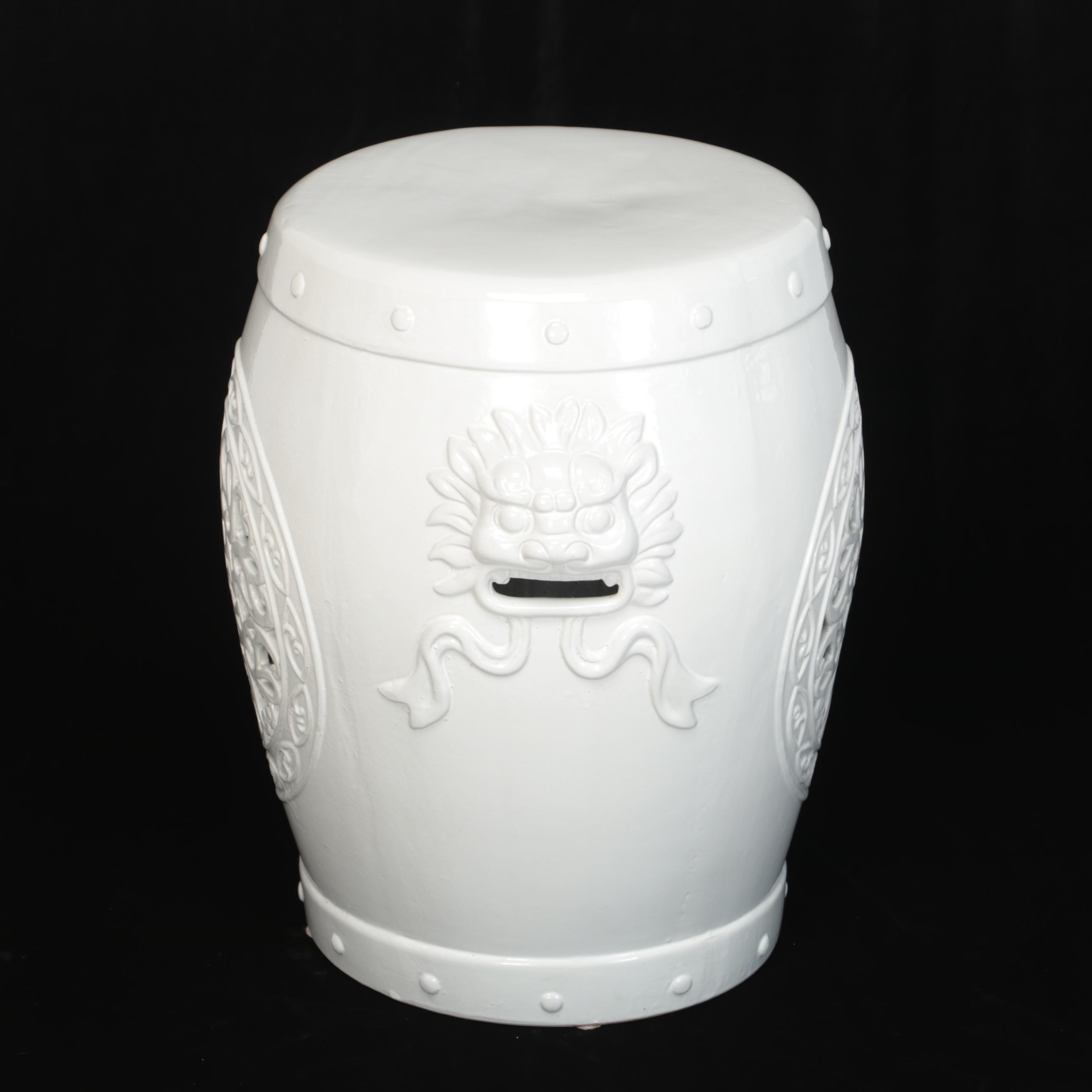 Chinese White Glazed Ceramic Garden Stool with Dragon Handles