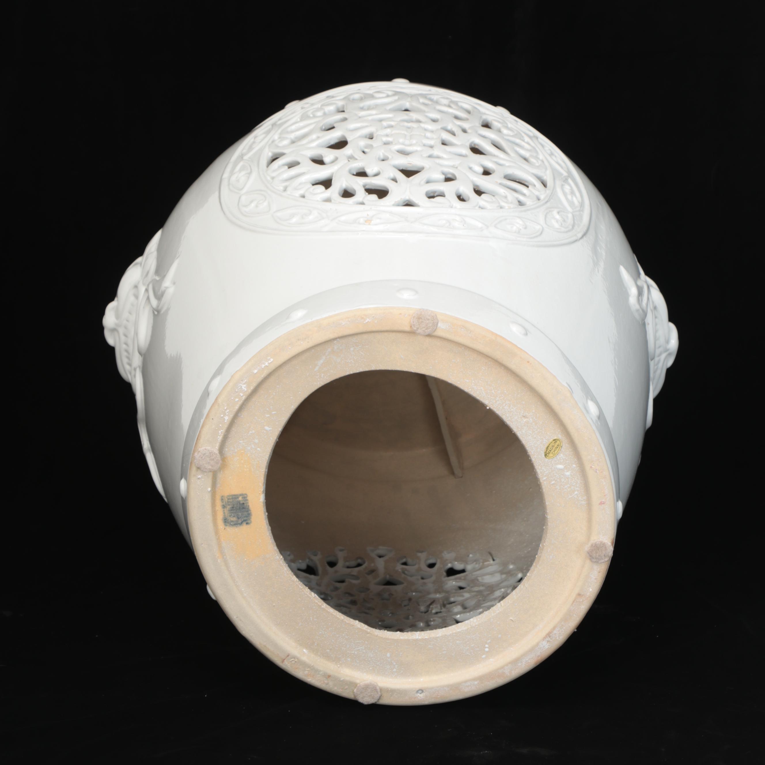 Chinese White Glazed Ceramic Garden Stool with Dragon Handles