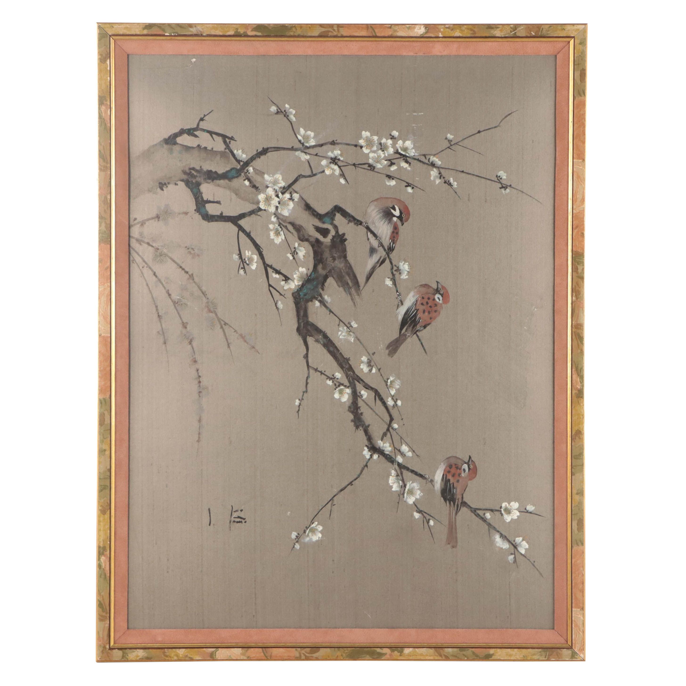 East Asian Gouache and Ink Painting of Birds
