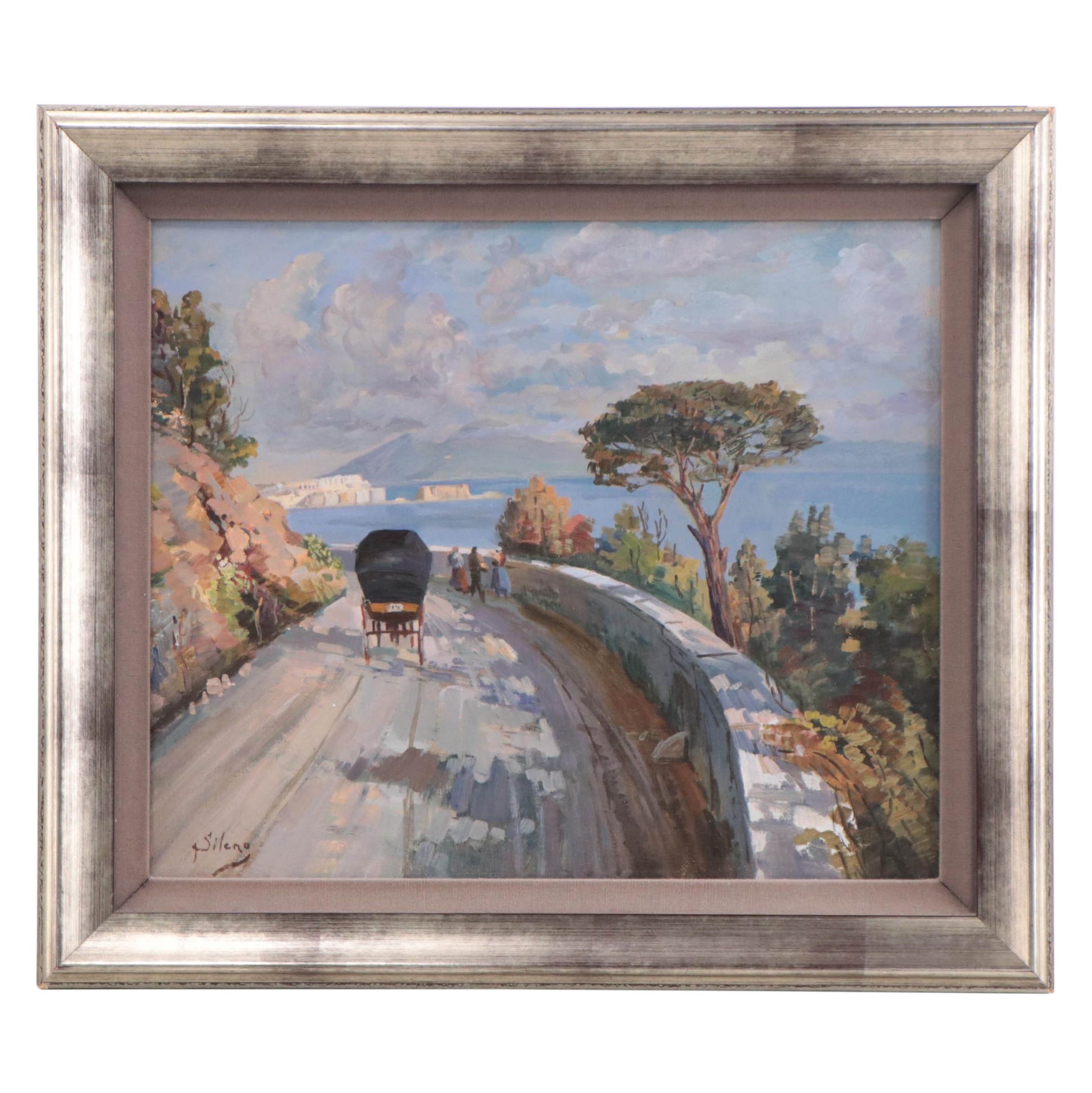 Oil Painting of Figures Walking in Coastal Scene