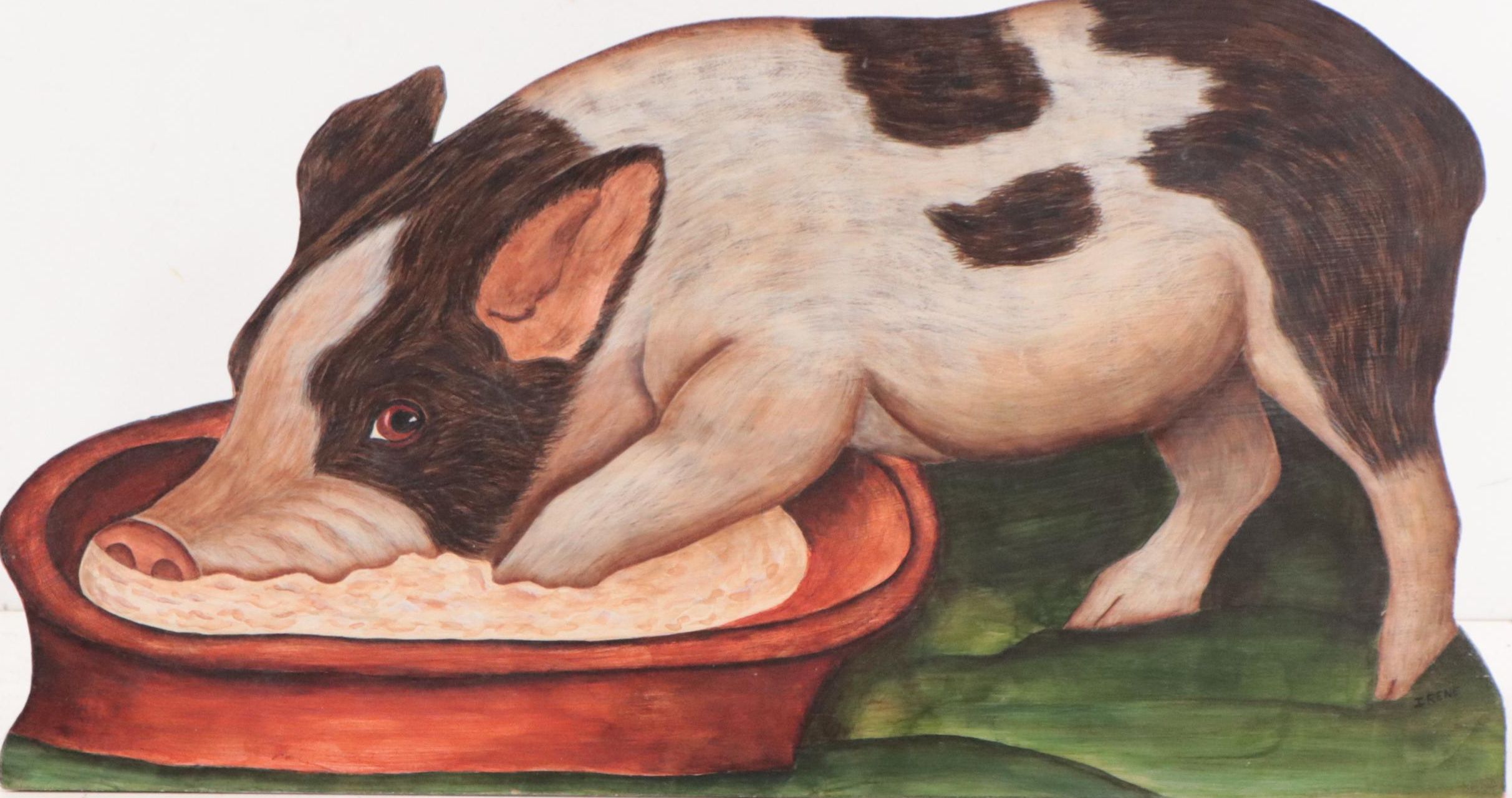 Oil Painting on Board of Hog Eating