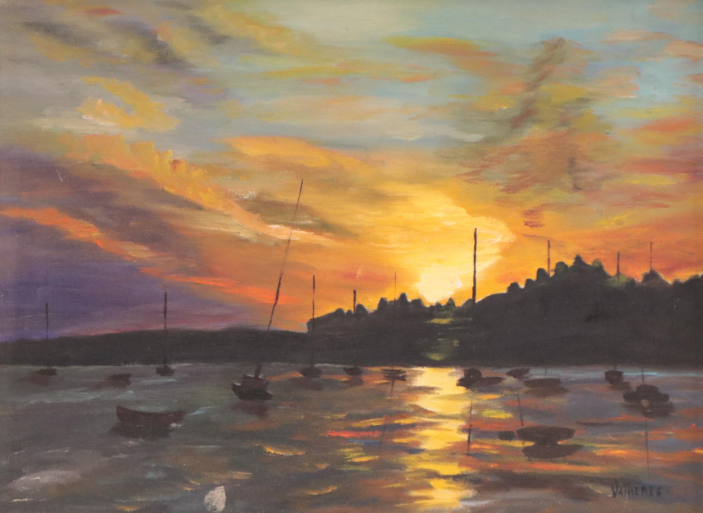 Laurence Vallieres Landscape Oil Painting of Sailboats on Lake