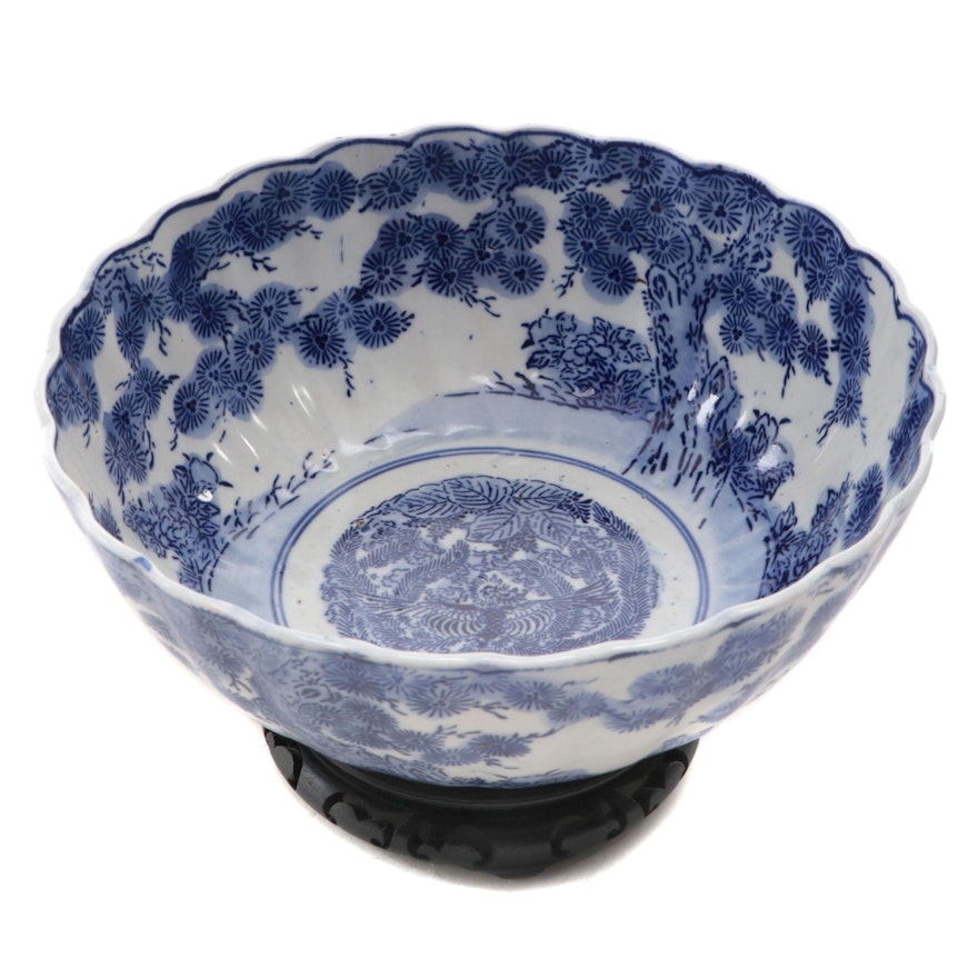 Japanese Blue and White Arita Imari Porcelain Bowl with Stand