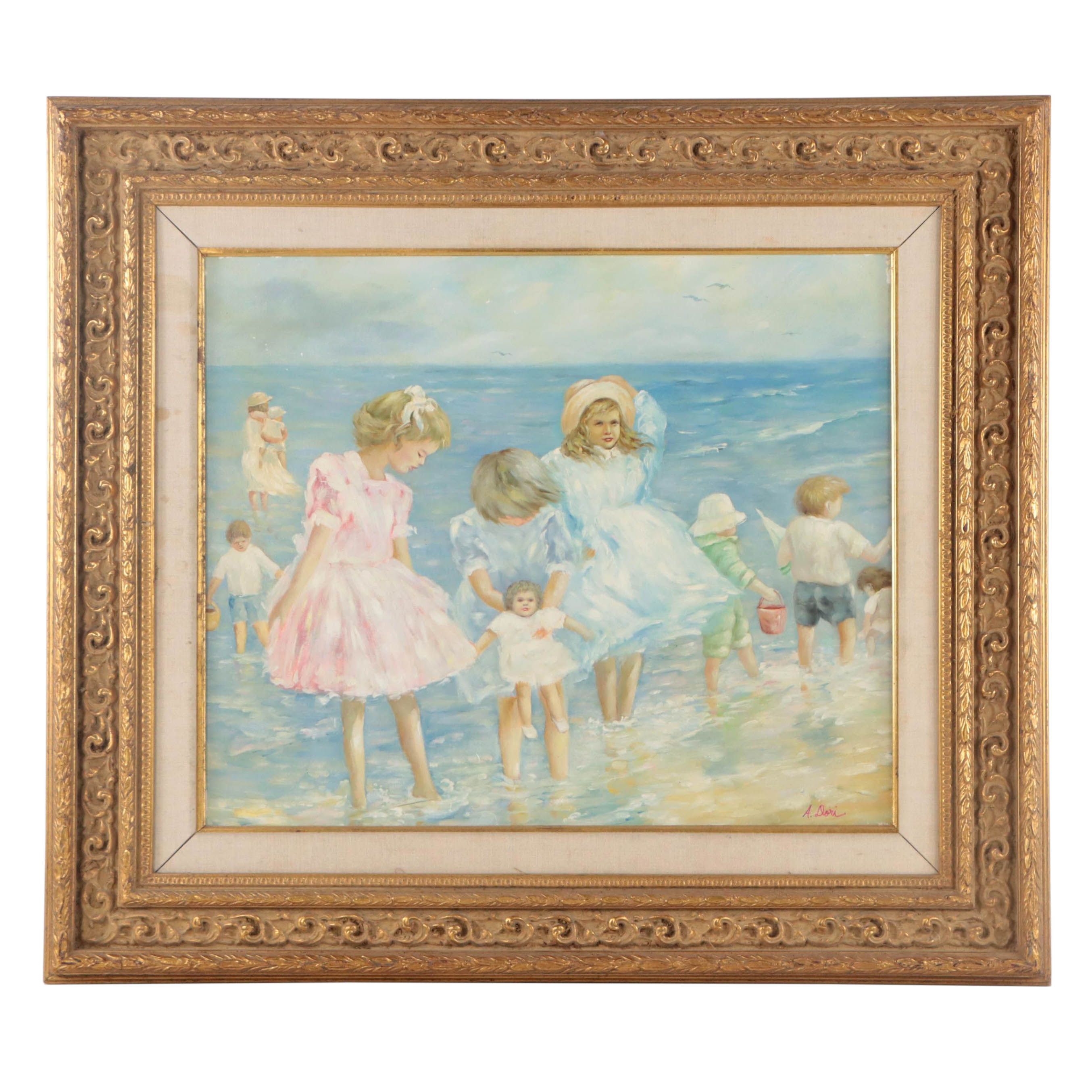 Andrea Dori Oil Painting of Children on the Beach After Hélène Léveillée