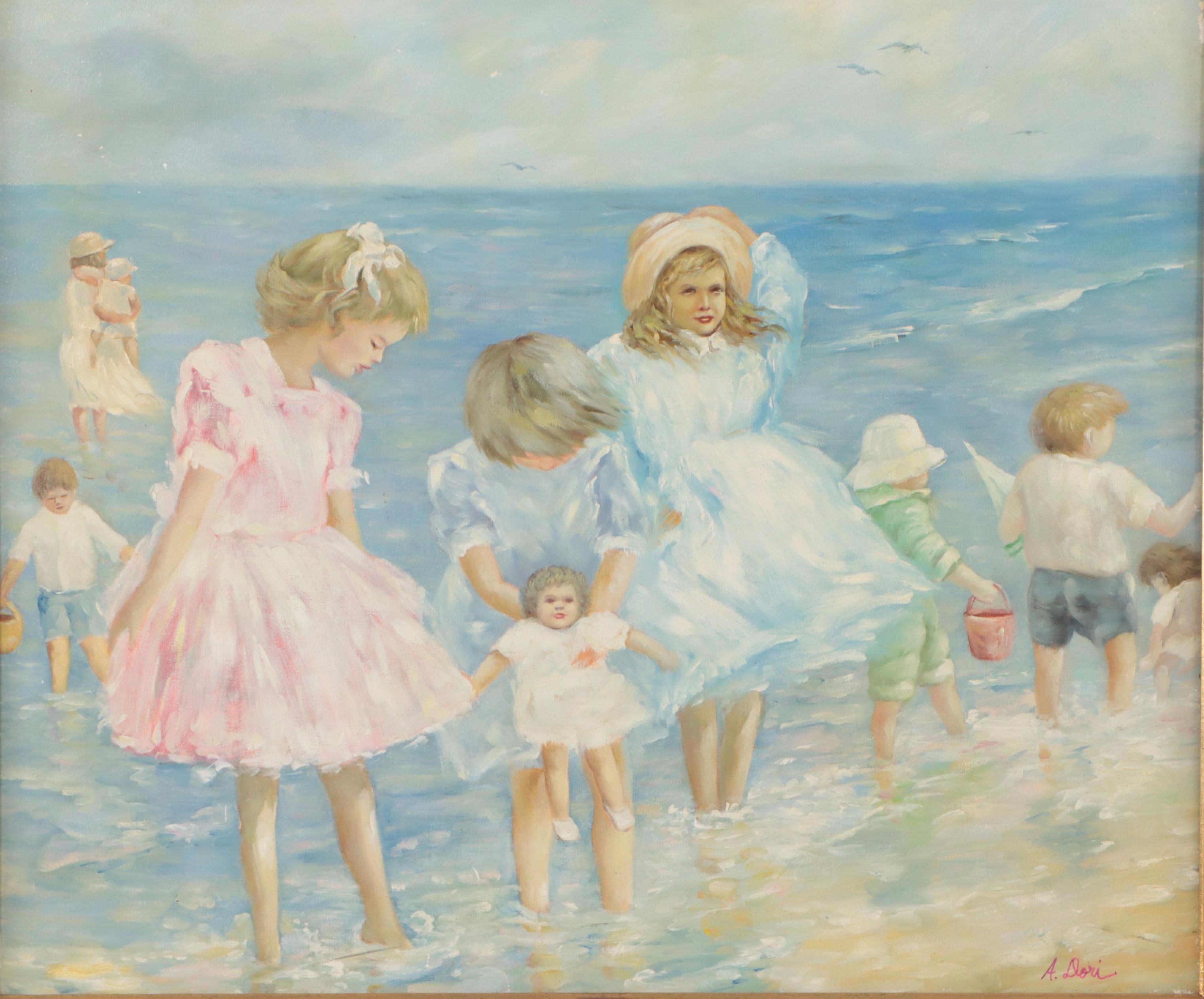 Andrea Dori Oil Painting of Children on the Beach After Hélène Léveillée