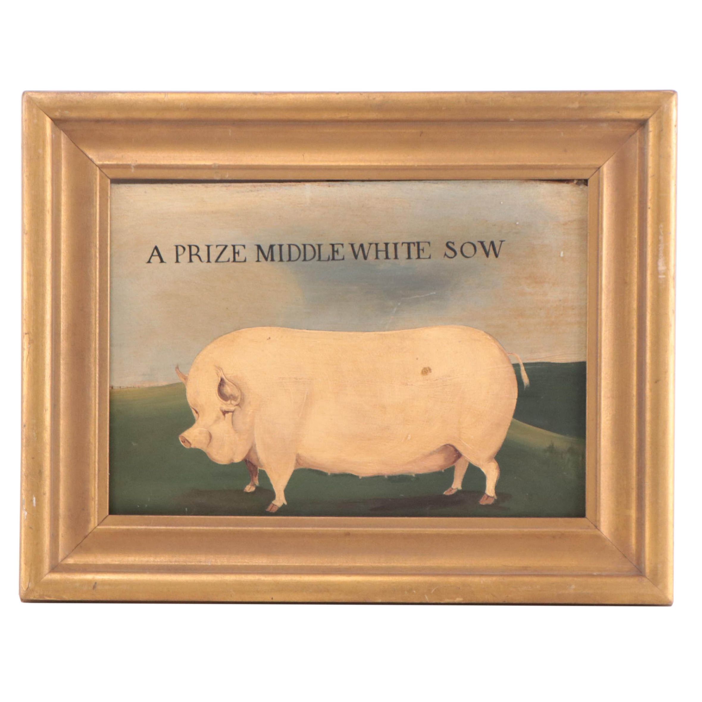 Oil Painting of Pig Portrait "A Prize Middle White Sow"