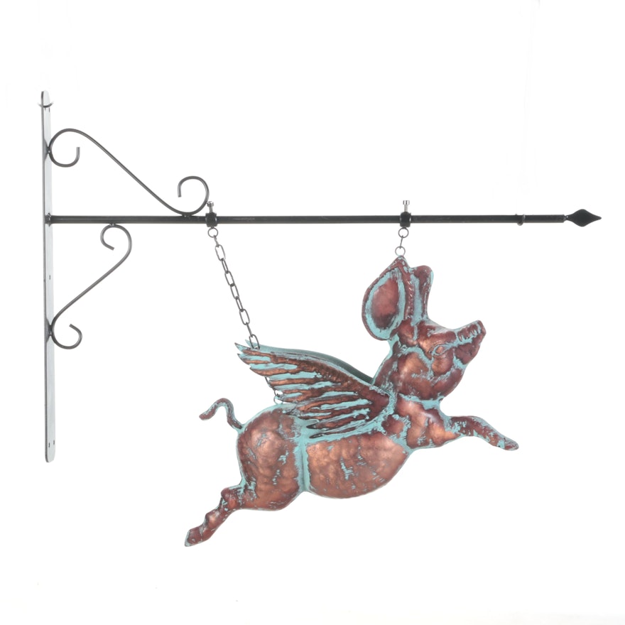 Patinated Copper Wall-Mount Hanging Flying Pig Sign