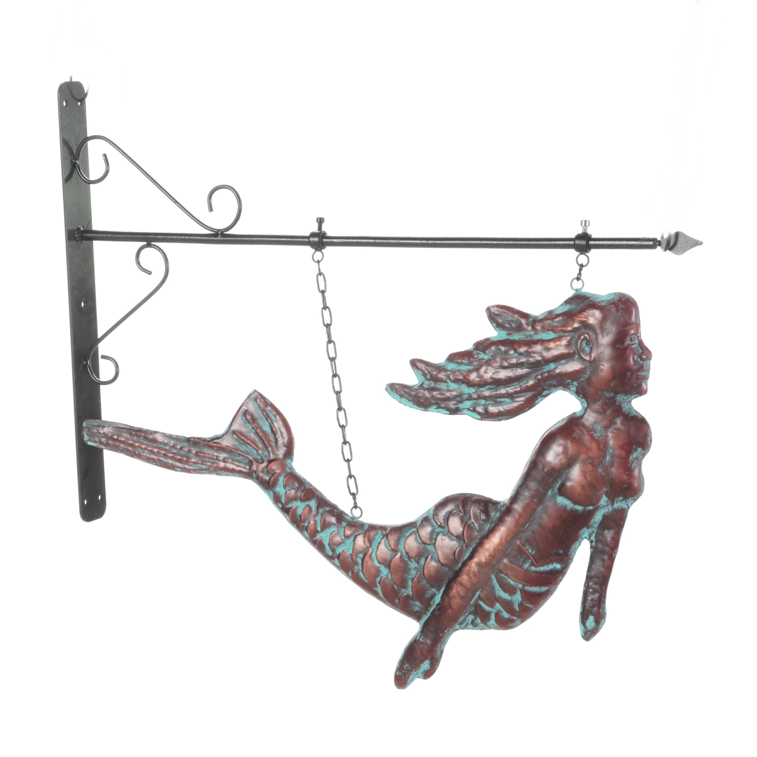 Patinated Copper Wall-Mount Hanging Mermaid Sign
