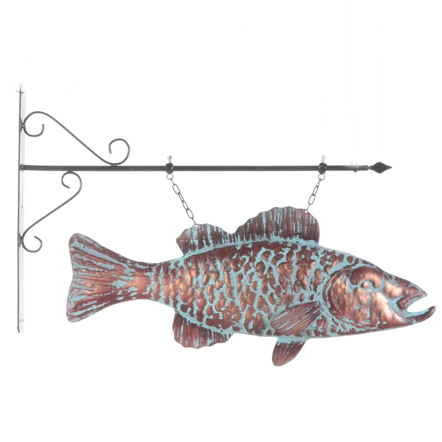 Patinated Copper Wall-Mount Hanging Fish Sign