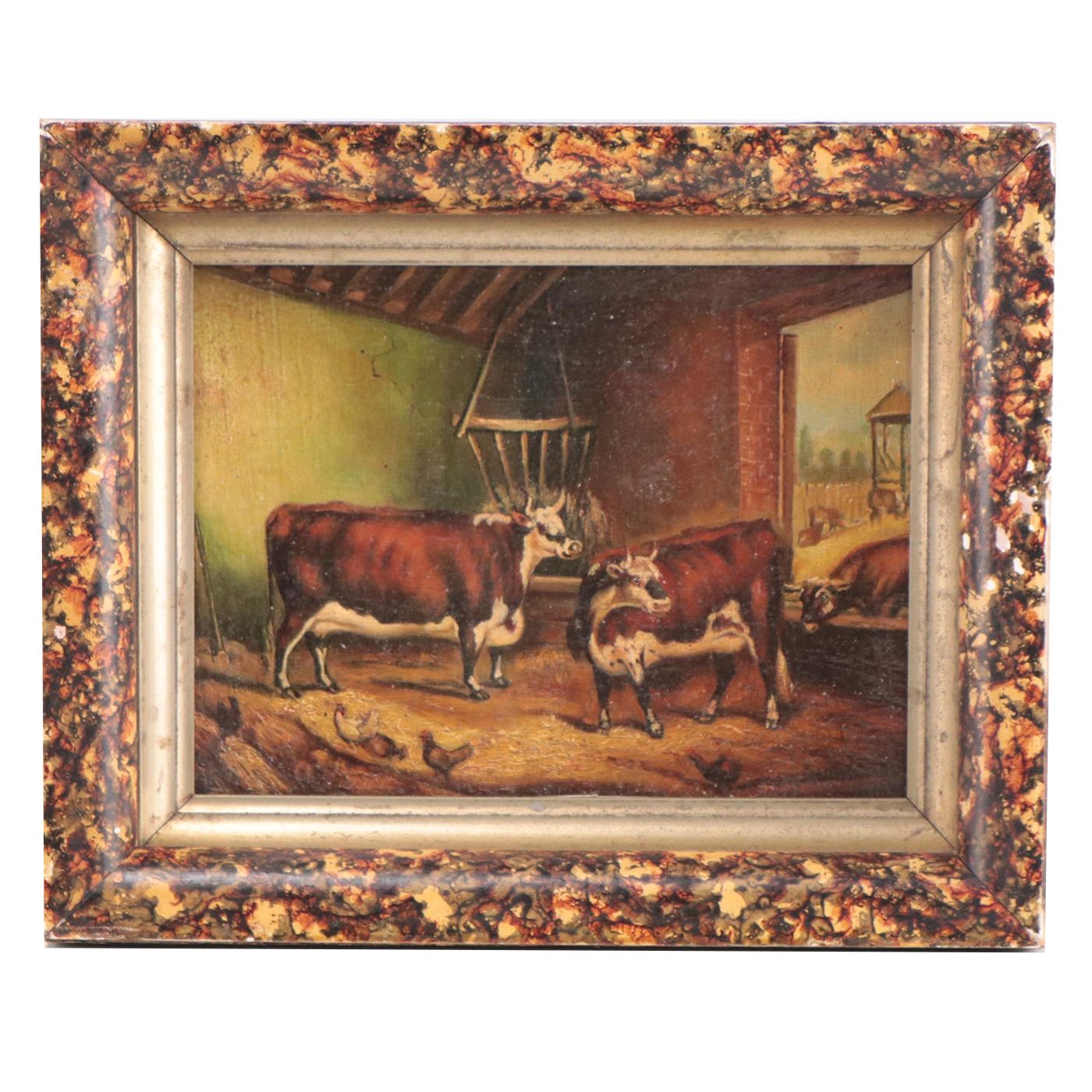 Oil Painting of Cows In Barn