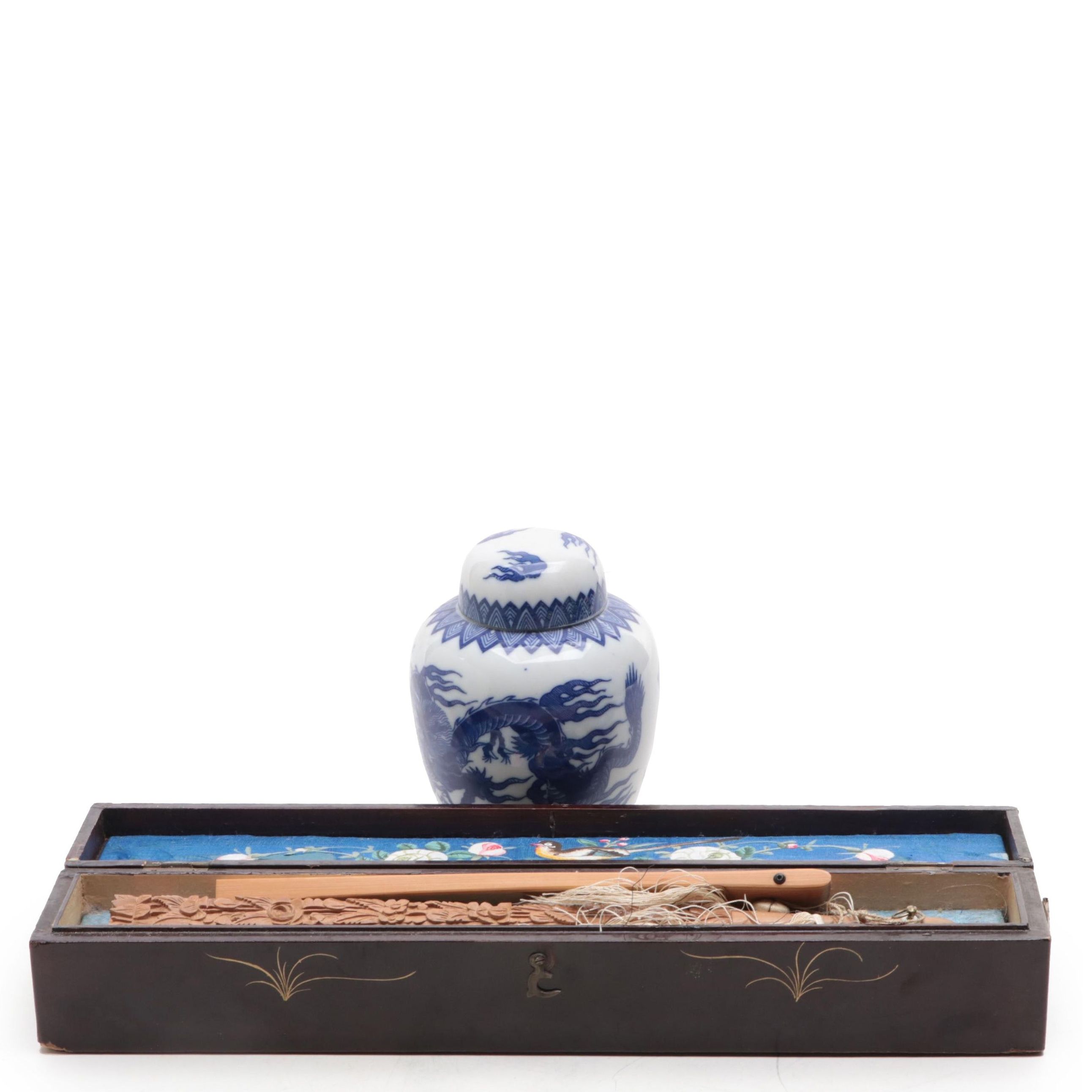 Japanese Handcrafted Folding Fans and Ceramic Dragon Ginger Jar