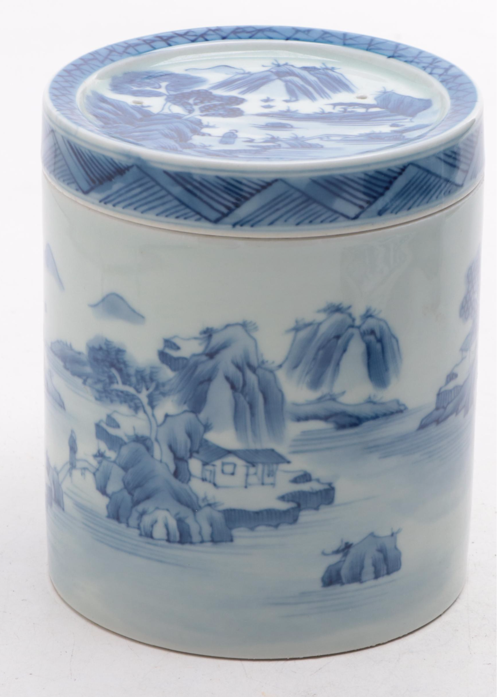 Mottahedeh "Blue Canton" Trinket Box with Other Chinese Porcelain Canisters