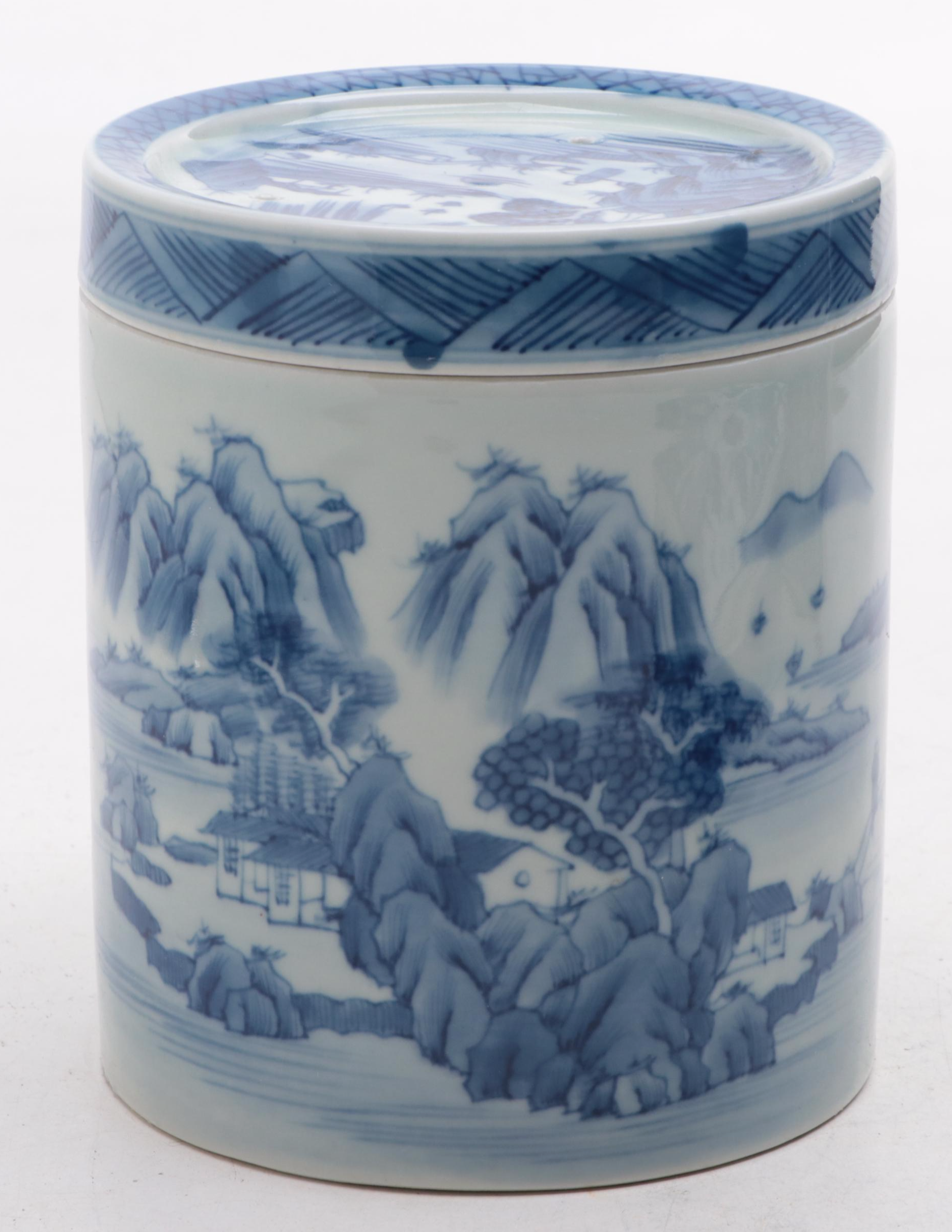Mottahedeh "Blue Canton" Trinket Box with Other Chinese Porcelain Canisters