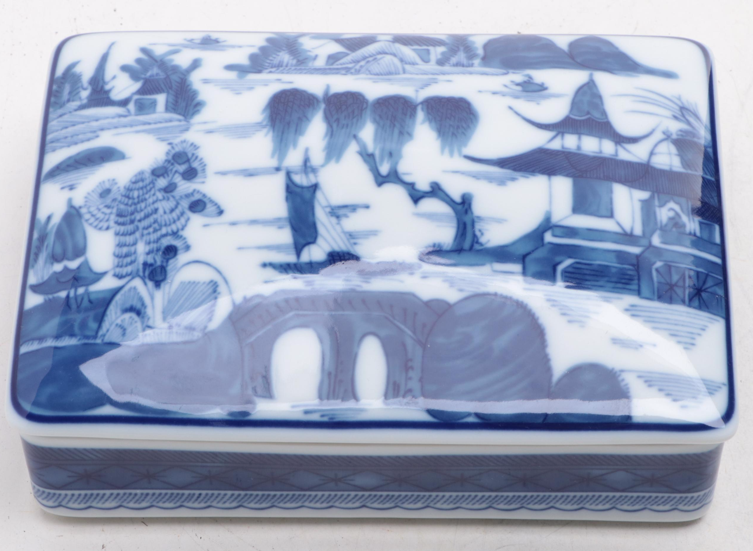 Mottahedeh "Blue Canton" Trinket Box with Other Chinese Porcelain Canisters
