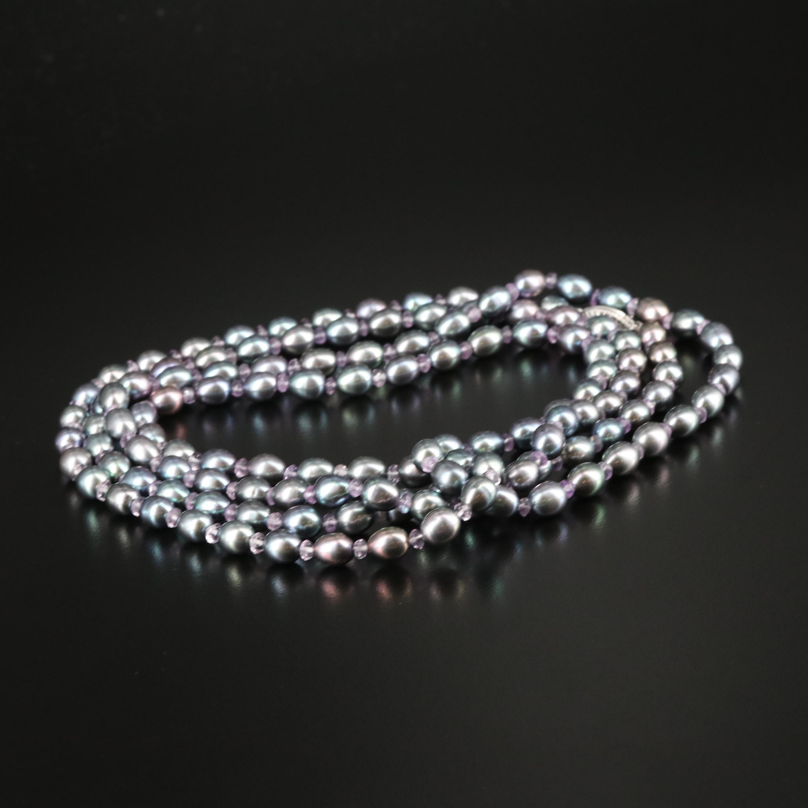Pearl and Amethyst Bead Necklace with 14K Clasp