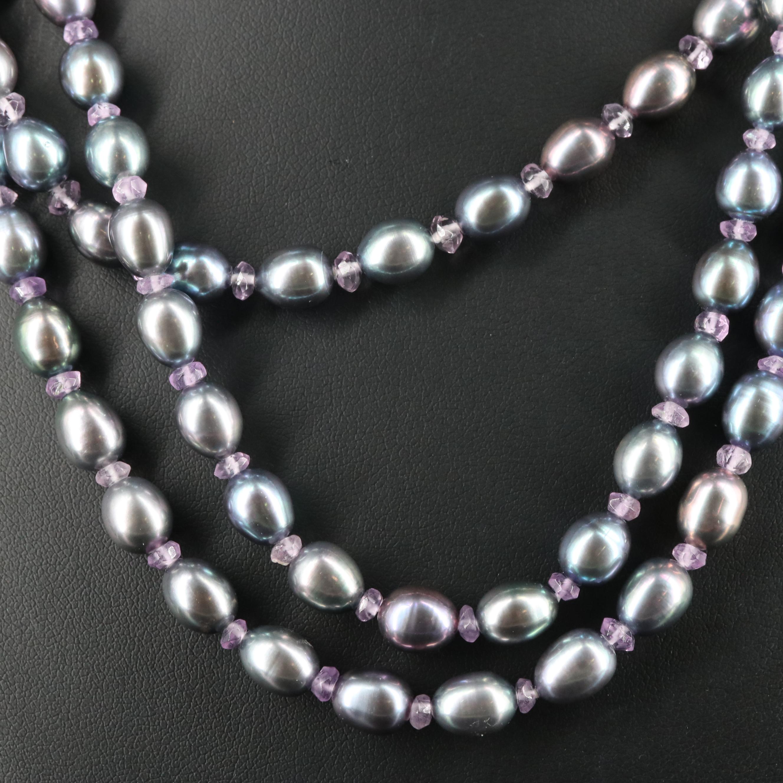 Pearl and Amethyst Bead Necklace with 14K Clasp