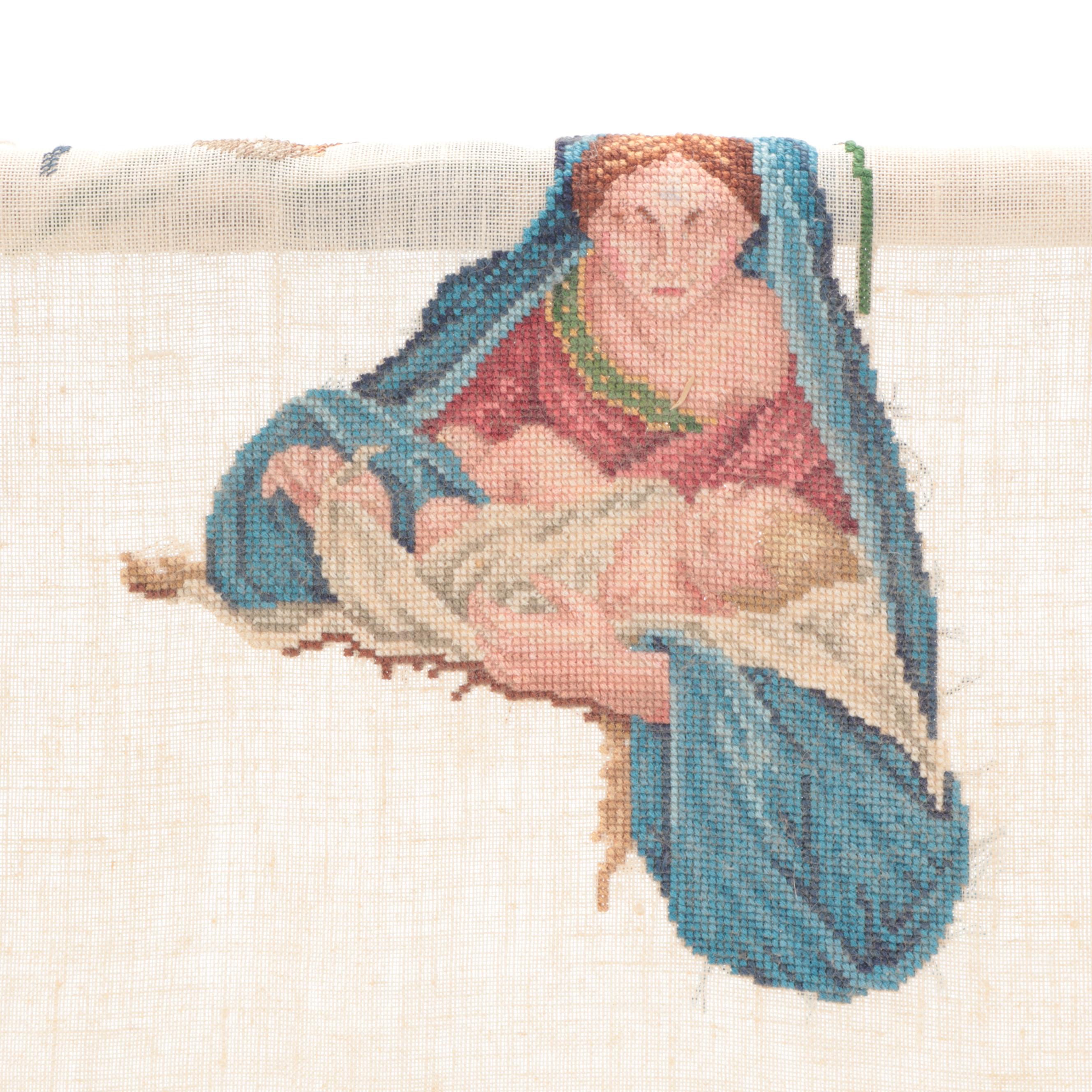 Adjustable Cross-Stitch Frame Stand with Partial Madonna and Child Cross-Stitch