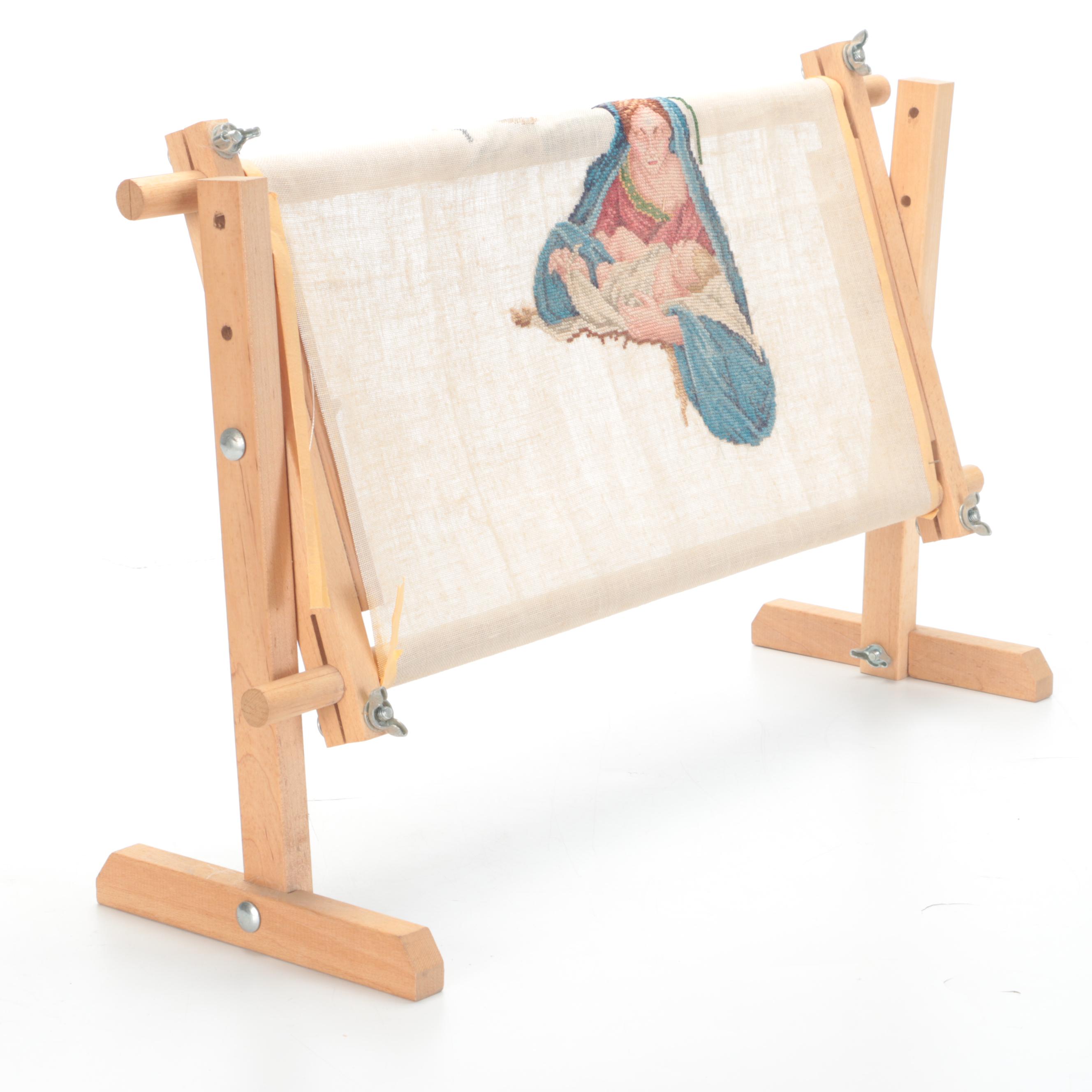 Adjustable Cross-Stitch Frame Stand with Partial Madonna and Child Cross-Stitch