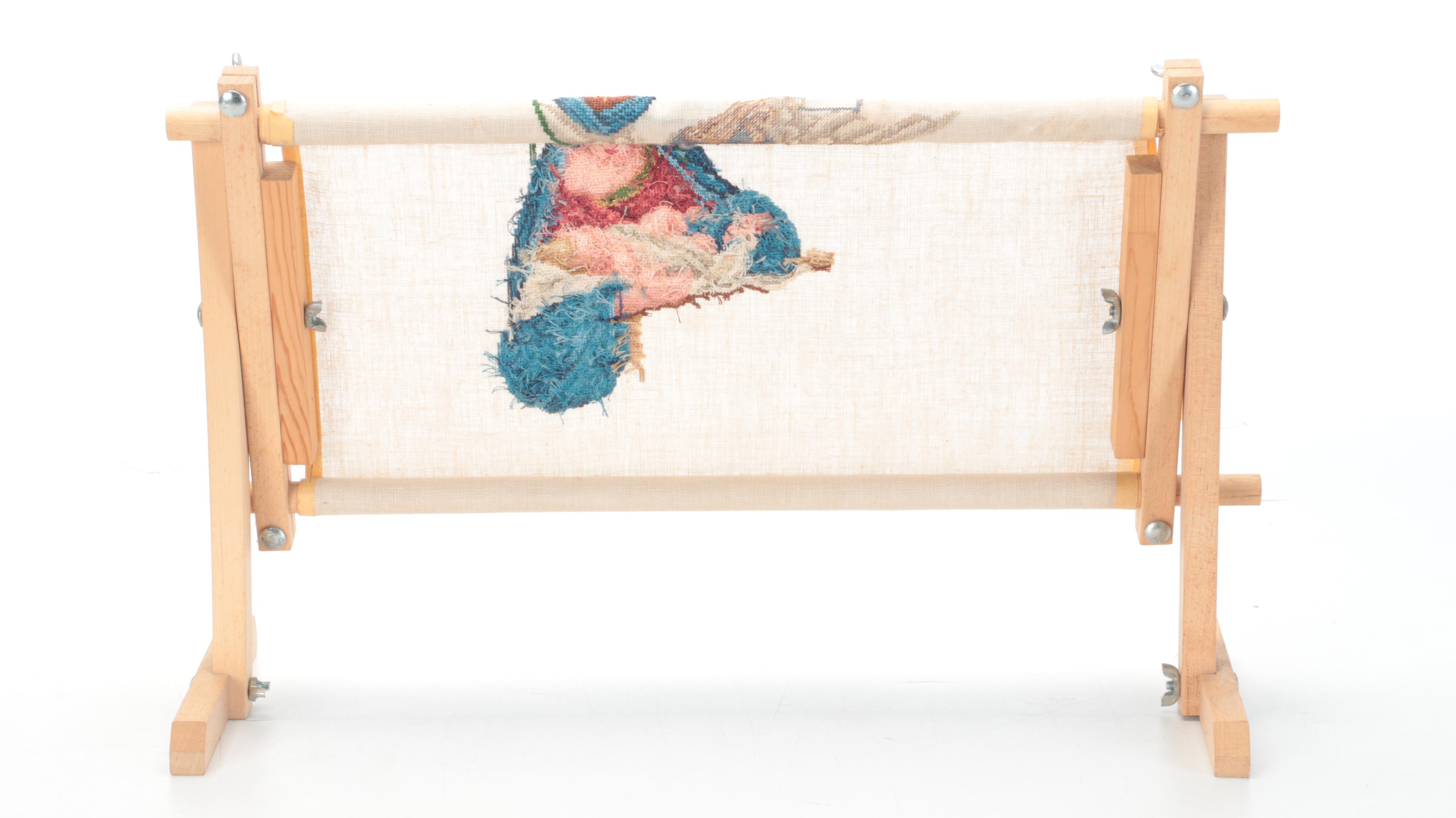 Adjustable Cross-Stitch Frame Stand with Partial Madonna and Child Cross-Stitch