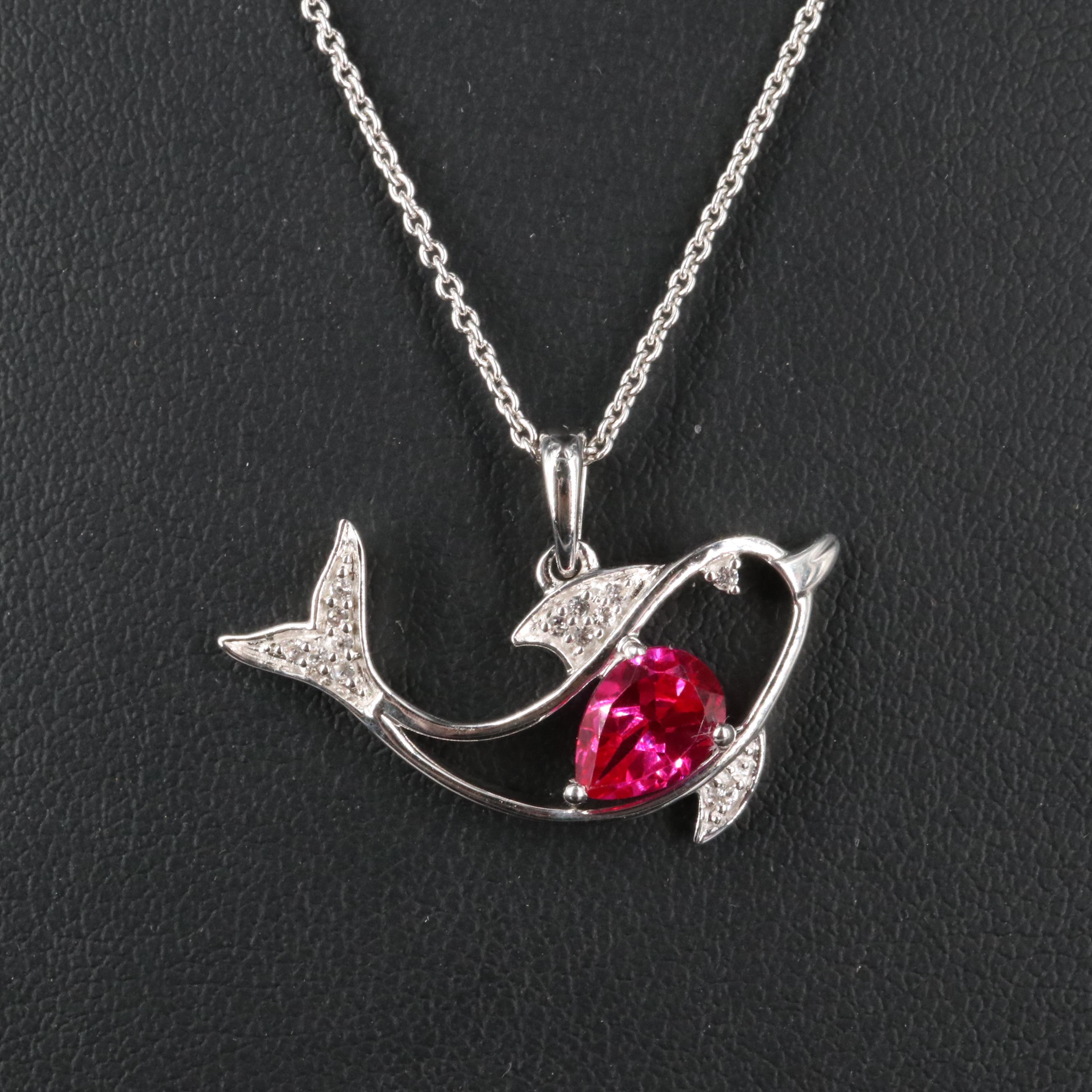 Sterling Ruby and White Sapphire Dolphin Pendant Necklace