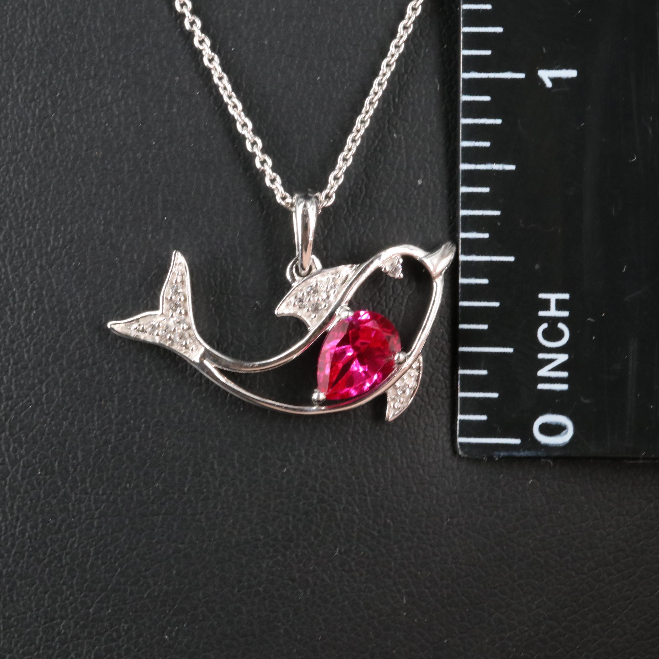 Sterling Ruby and White Sapphire Dolphin Pendant Necklace