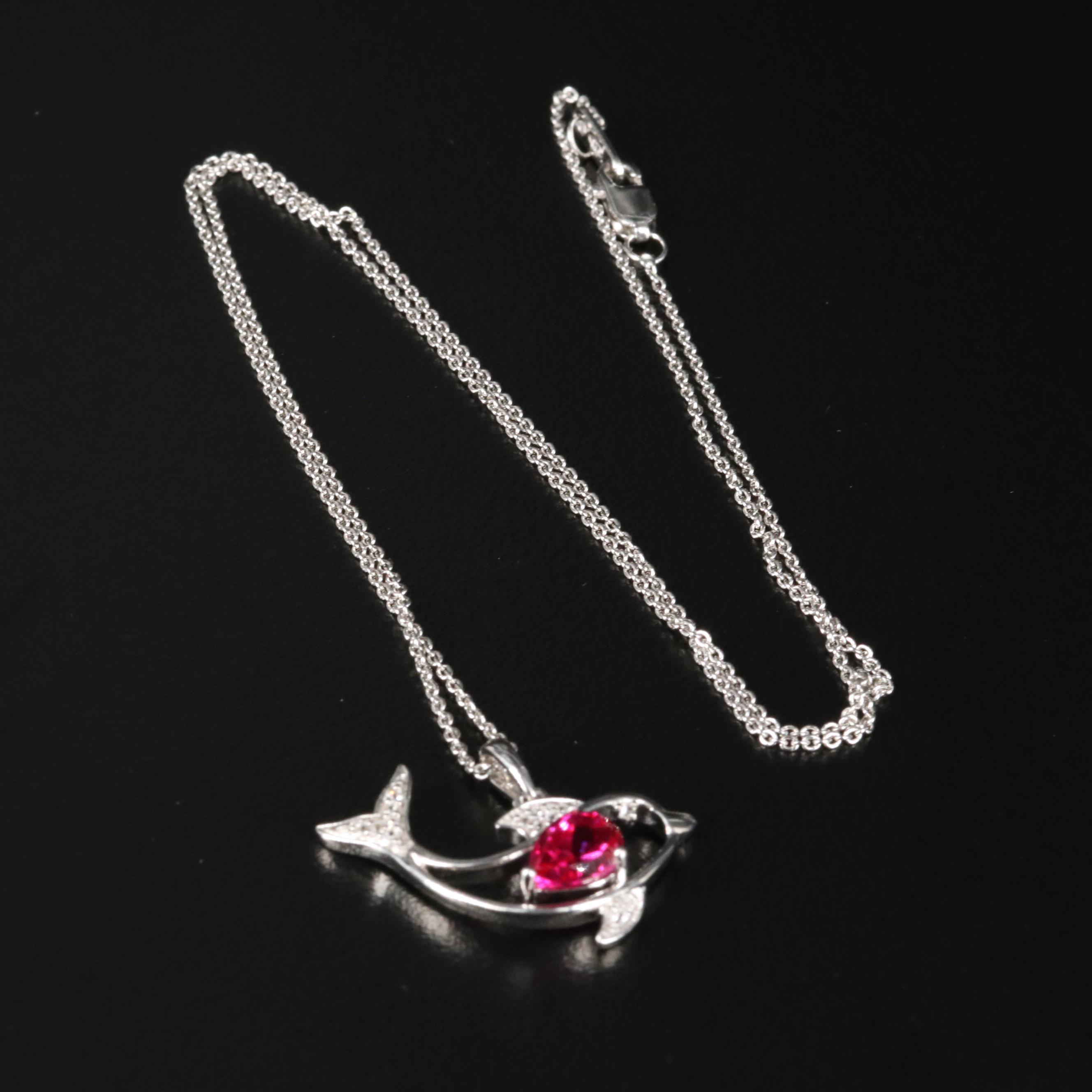 Sterling Ruby and White Sapphire Dolphin Pendant Necklace