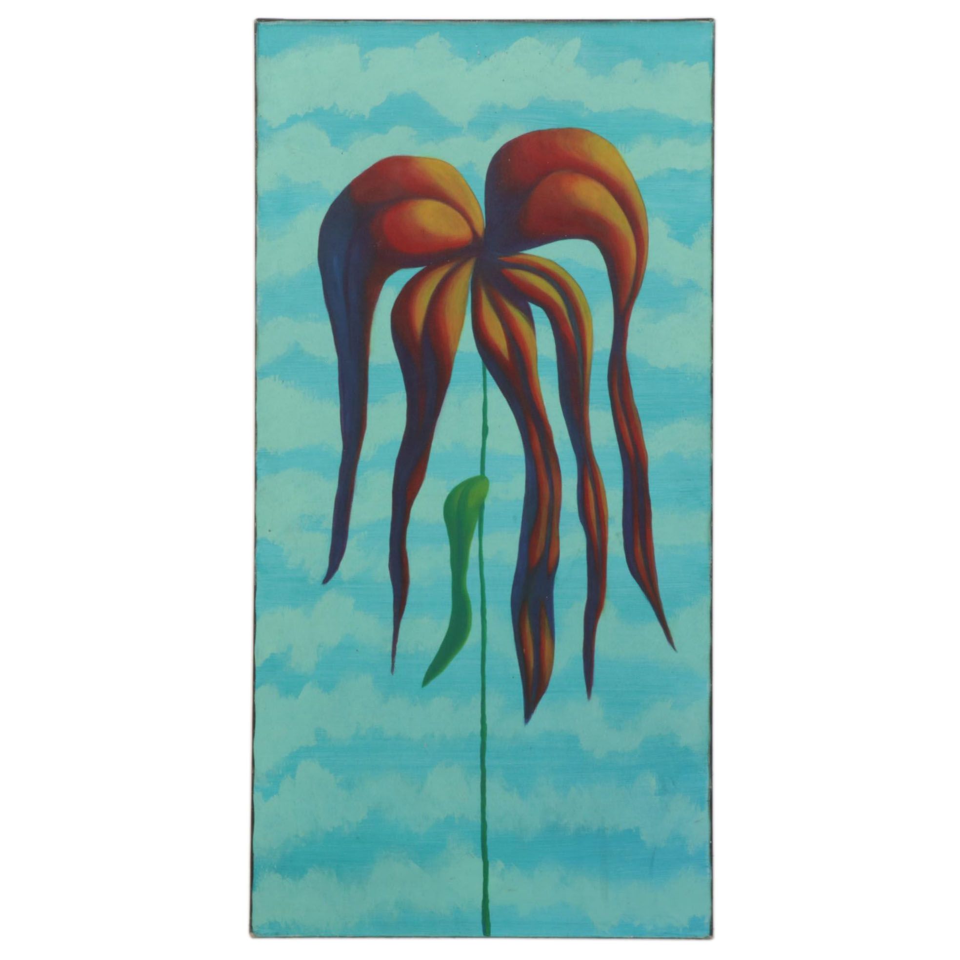 Folk Art Oil Painting of Flower, Late 20th Century