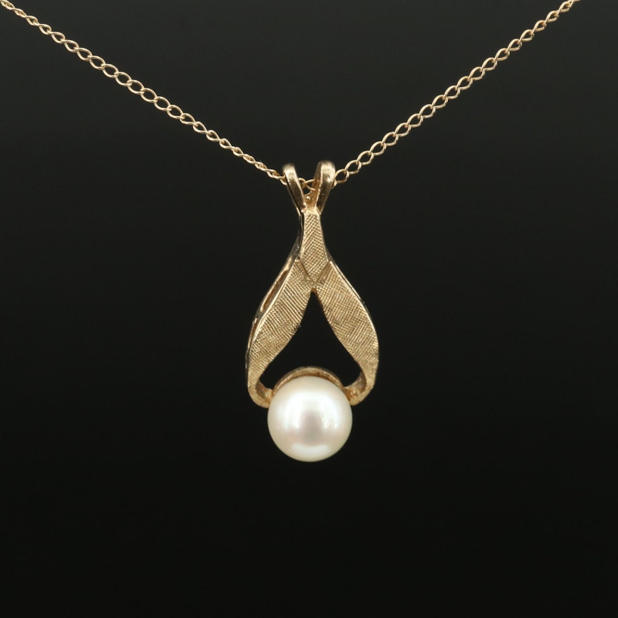 Vintage 14K Pearl Florentine Wishbone Pendant Necklace