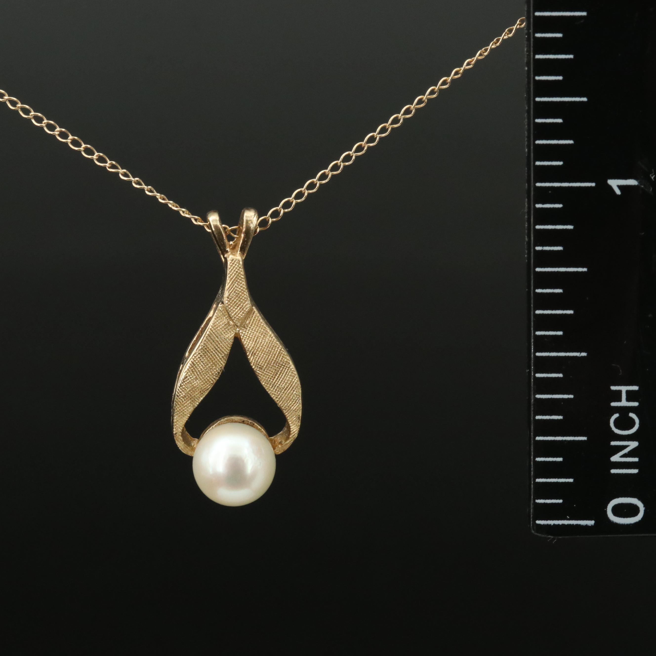 Vintage 14K Pearl Florentine Wishbone Pendant Necklace