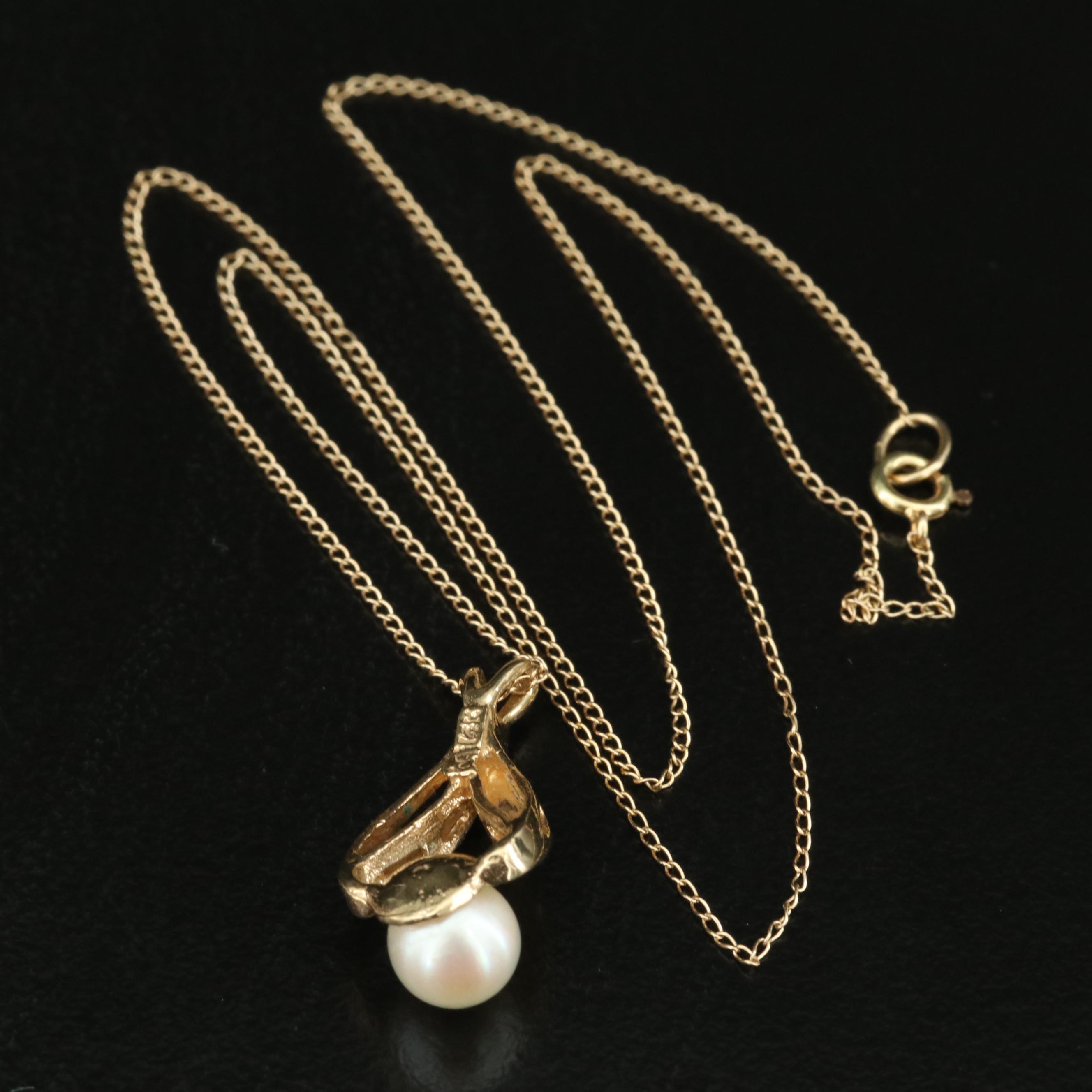 Vintage 14K Pearl Florentine Wishbone Pendant Necklace