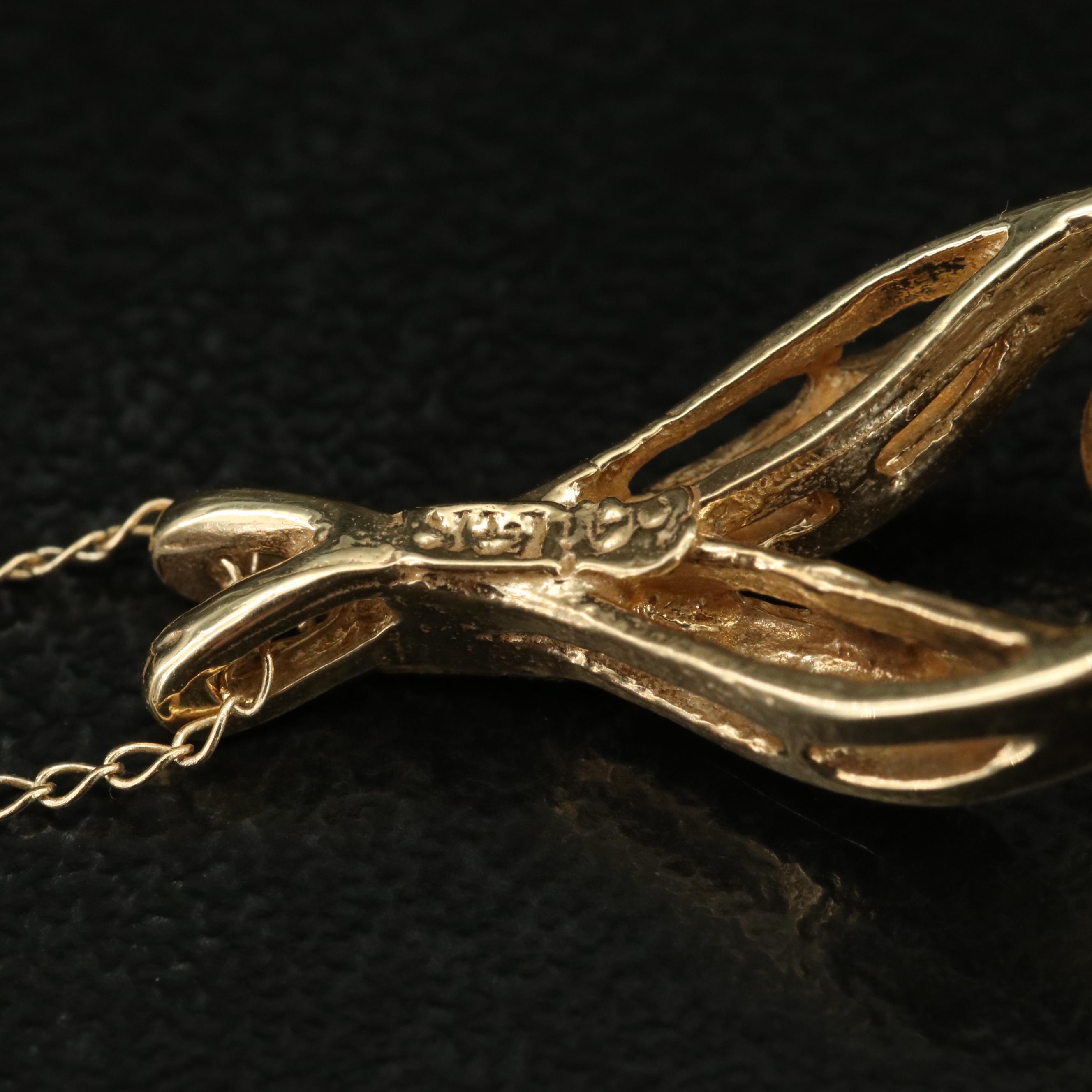 Vintage 14K Pearl Florentine Wishbone Pendant Necklace