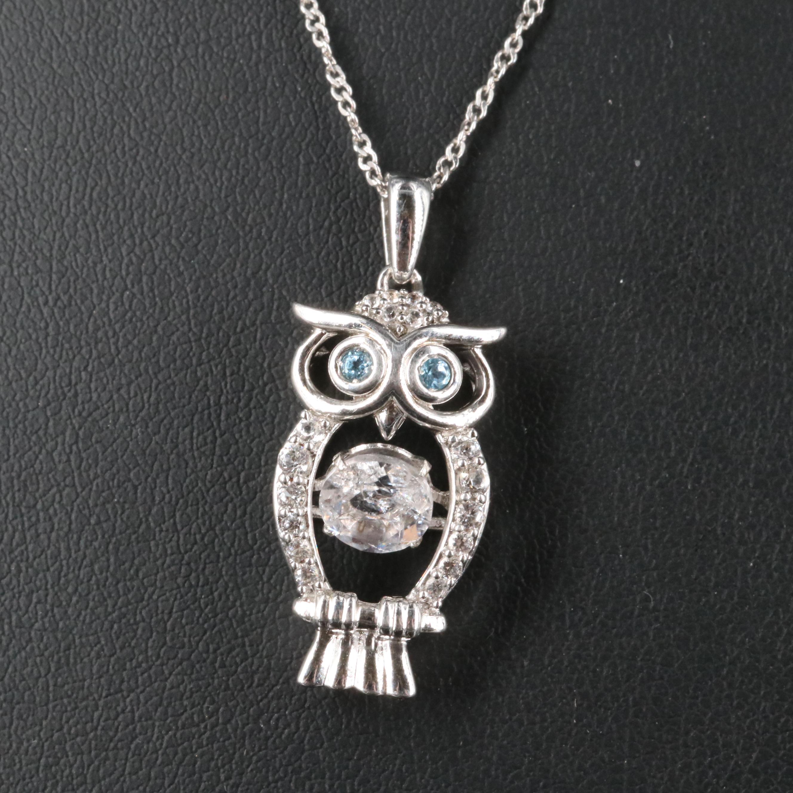 Sterling White Spinel, Sky Blue Topaz and White Sapphire Owl Shimmer Necklace