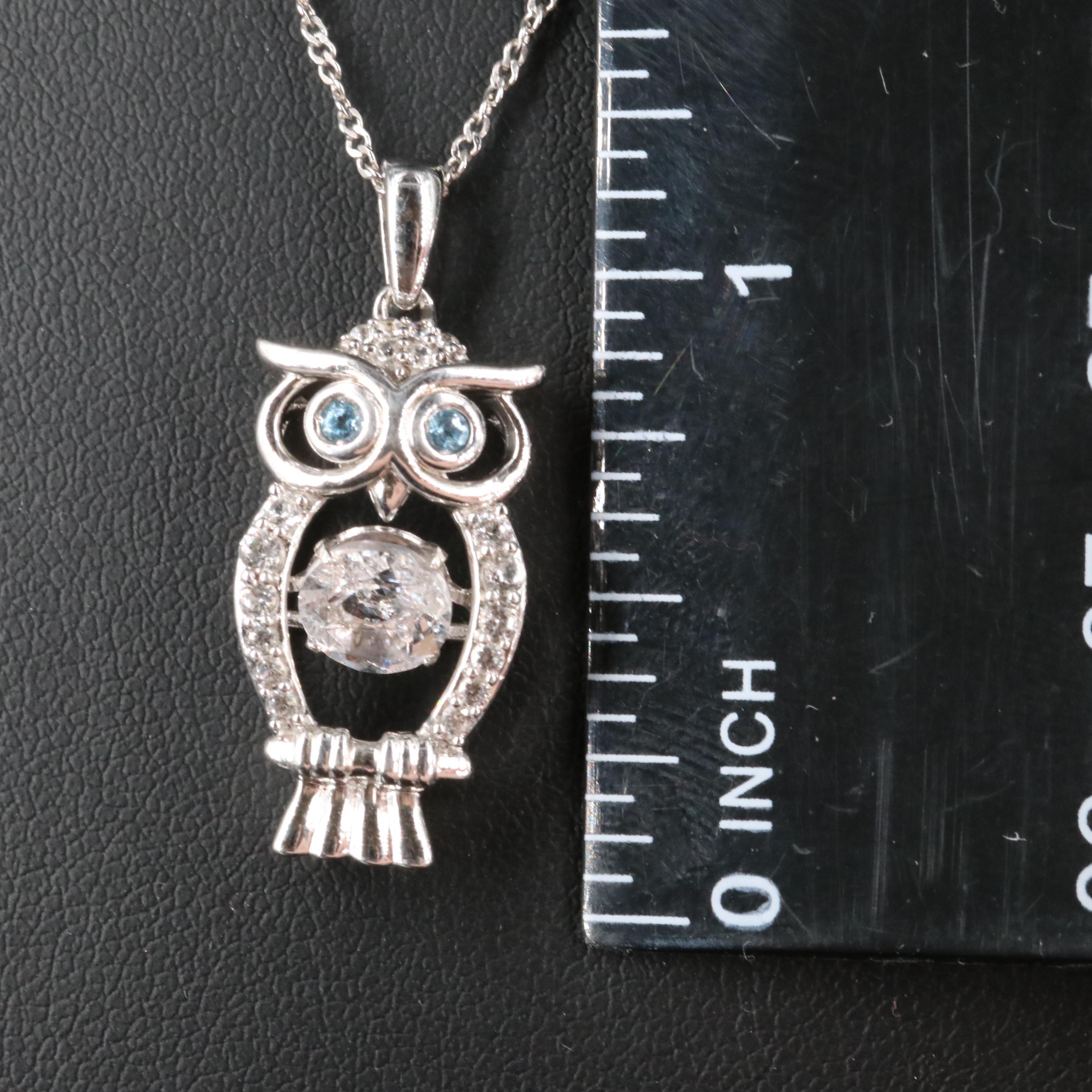 Sterling White Spinel, Sky Blue Topaz and White Sapphire Owl Shimmer Necklace