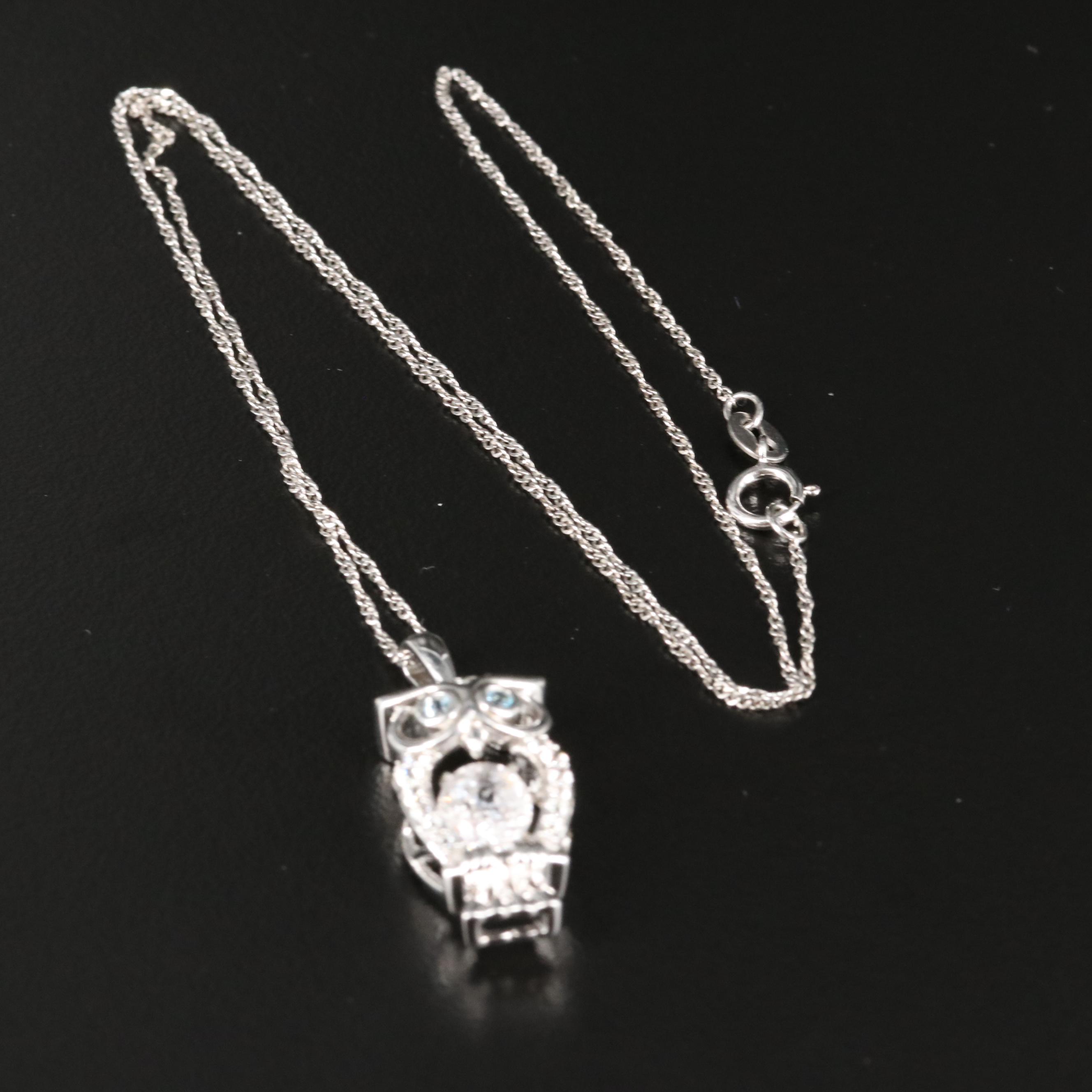 Sterling White Spinel, Sky Blue Topaz and White Sapphire Owl Shimmer Necklace