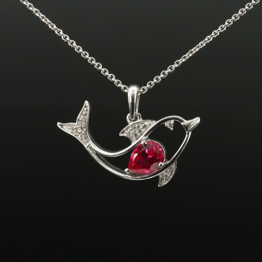 Sterling Ruby and Sapphire Dolphin Pendant Necklace