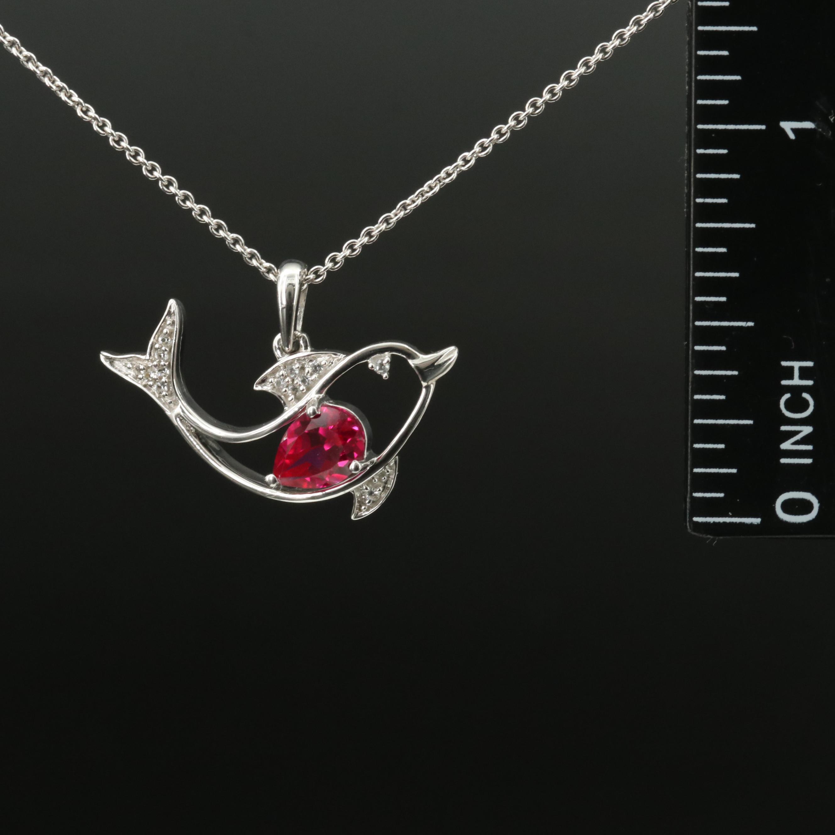 Sterling Ruby and Sapphire Dolphin Pendant Necklace