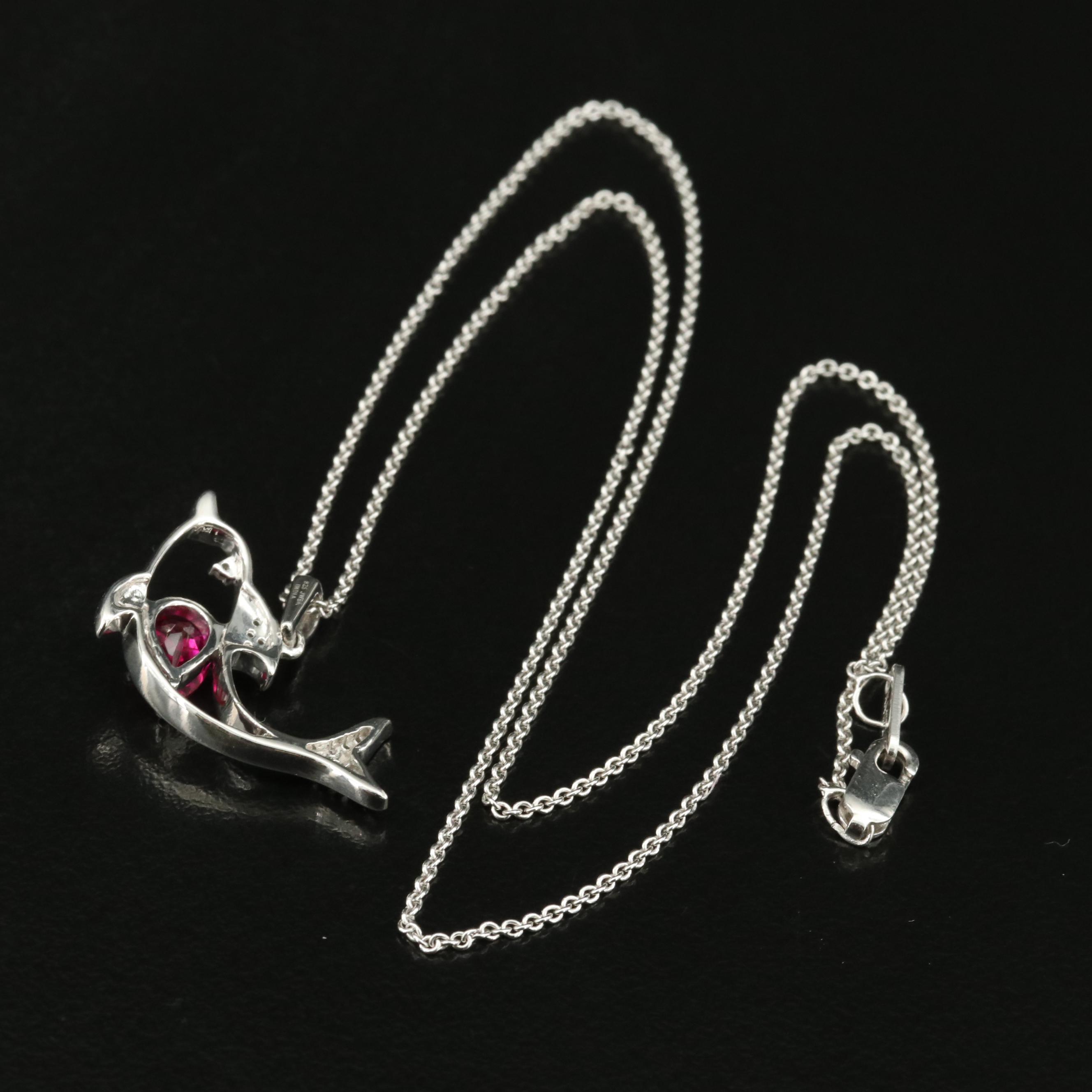 Sterling Ruby and Sapphire Dolphin Pendant Necklace