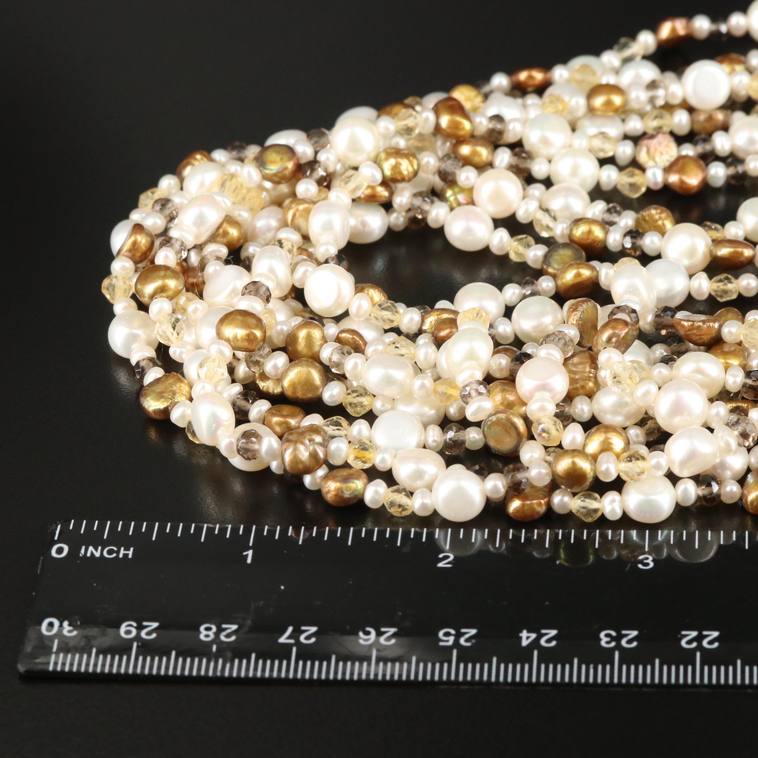 Sterling Multistrand Pearl, Smoky Quartz and Citrine Beaded Necklace