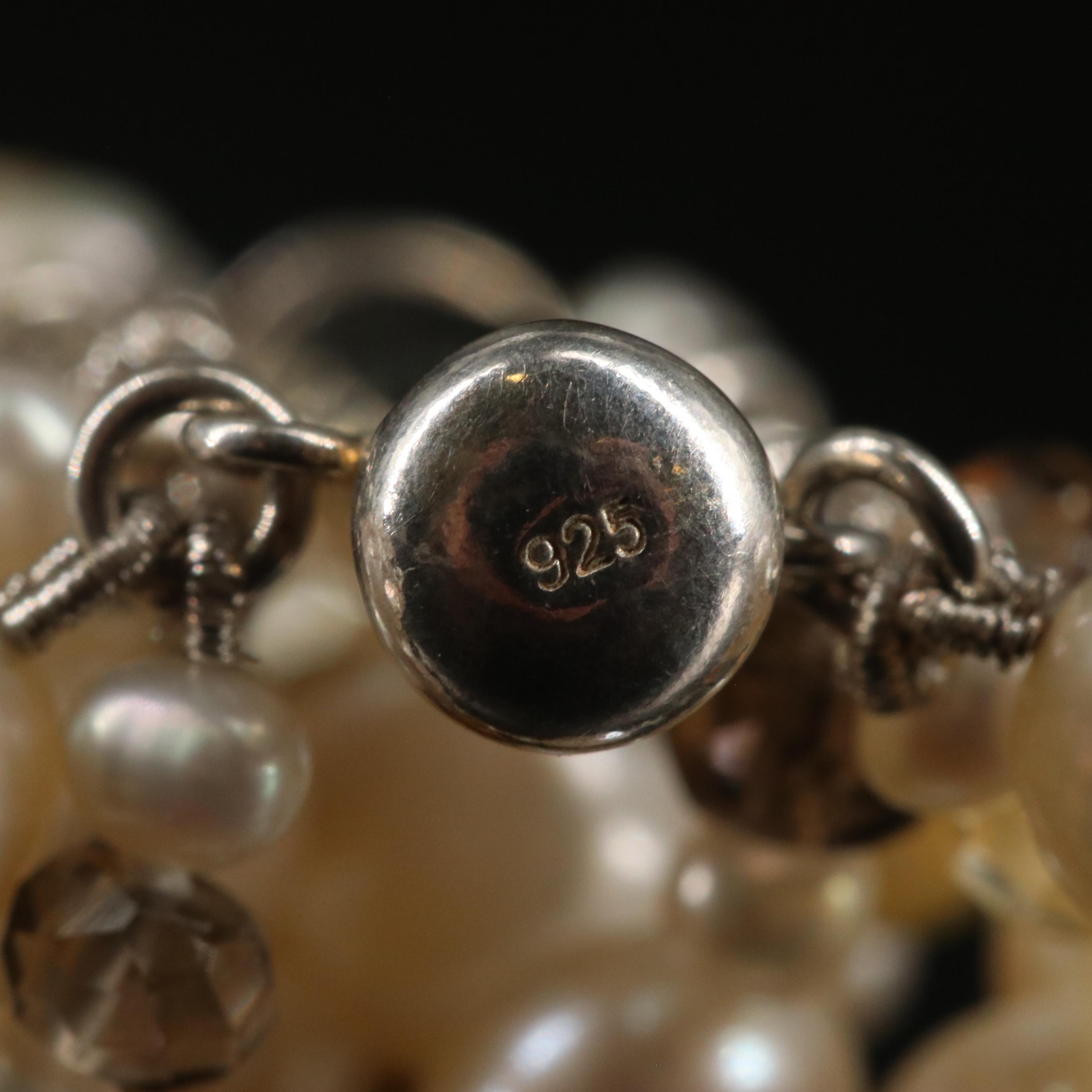 Sterling Multistrand Pearl, Smoky Quartz and Citrine Beaded Necklace