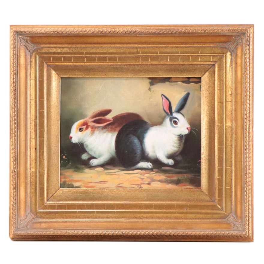 Folk Art Oil Painting of Rabbits