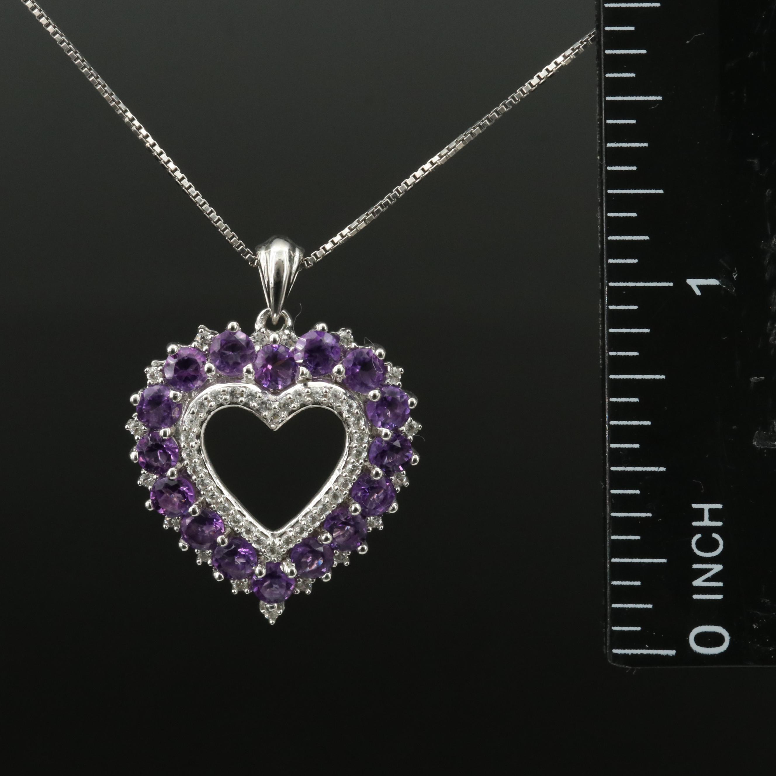 Sterling Amethyst and Sapphire Heart Pendant Necklace