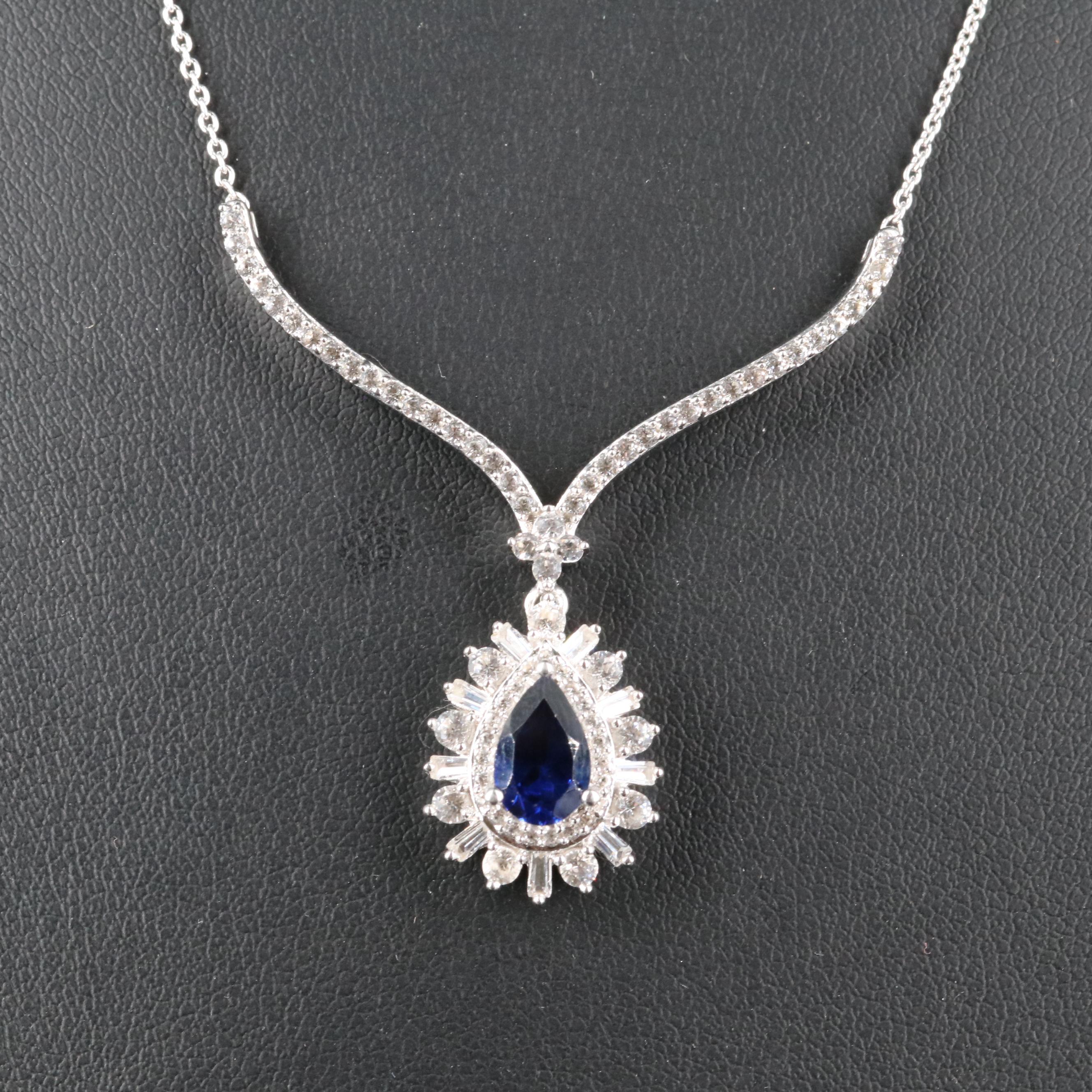 Sterling Sapphire and White Sapphire Teardrop Necklace