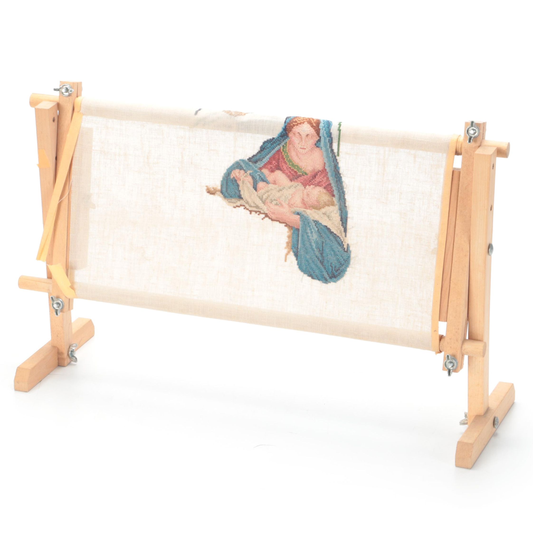 Adjustable Cross-Stitch Frame Stand with Partial Madonna and Child Cross-Stitch