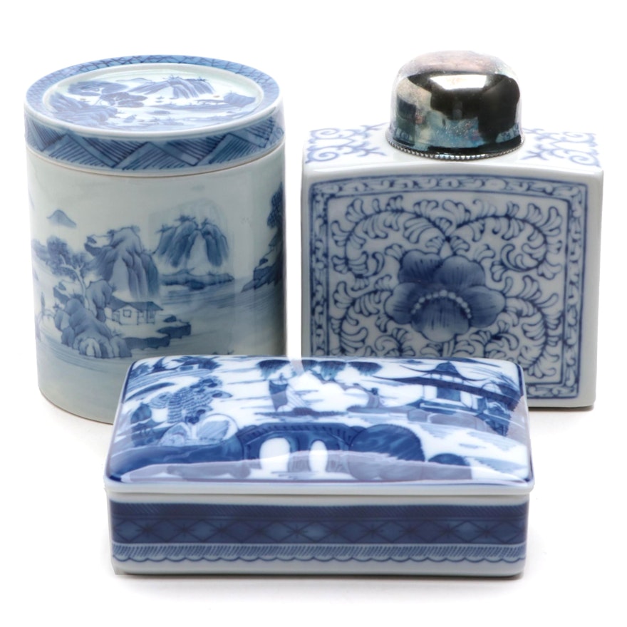 Mottahedeh "Blue Canton" Trinket Box with Other Chinese Porcelain Canisters