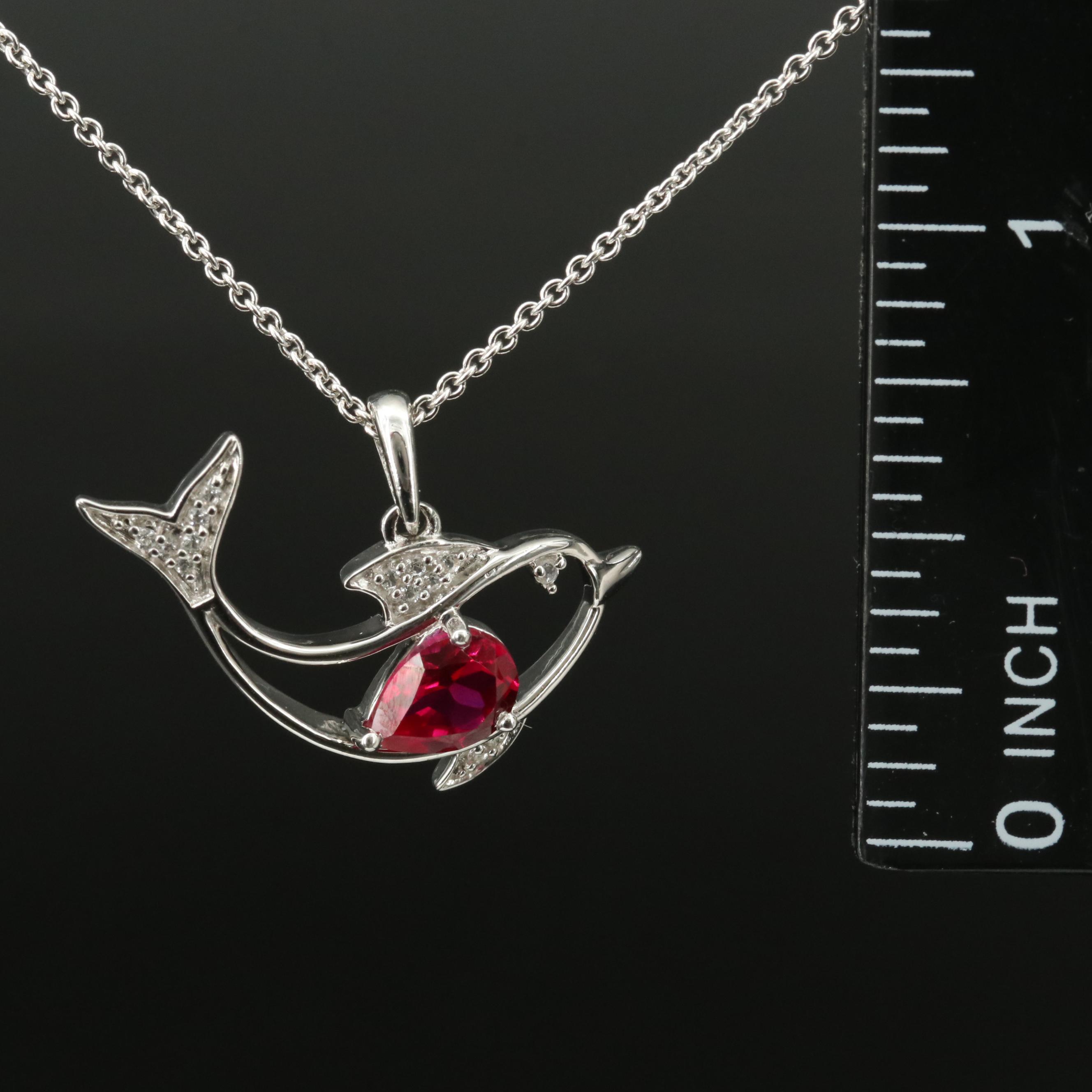 Sterling Ruby and Sapphire Dolphin Pendant Necklace