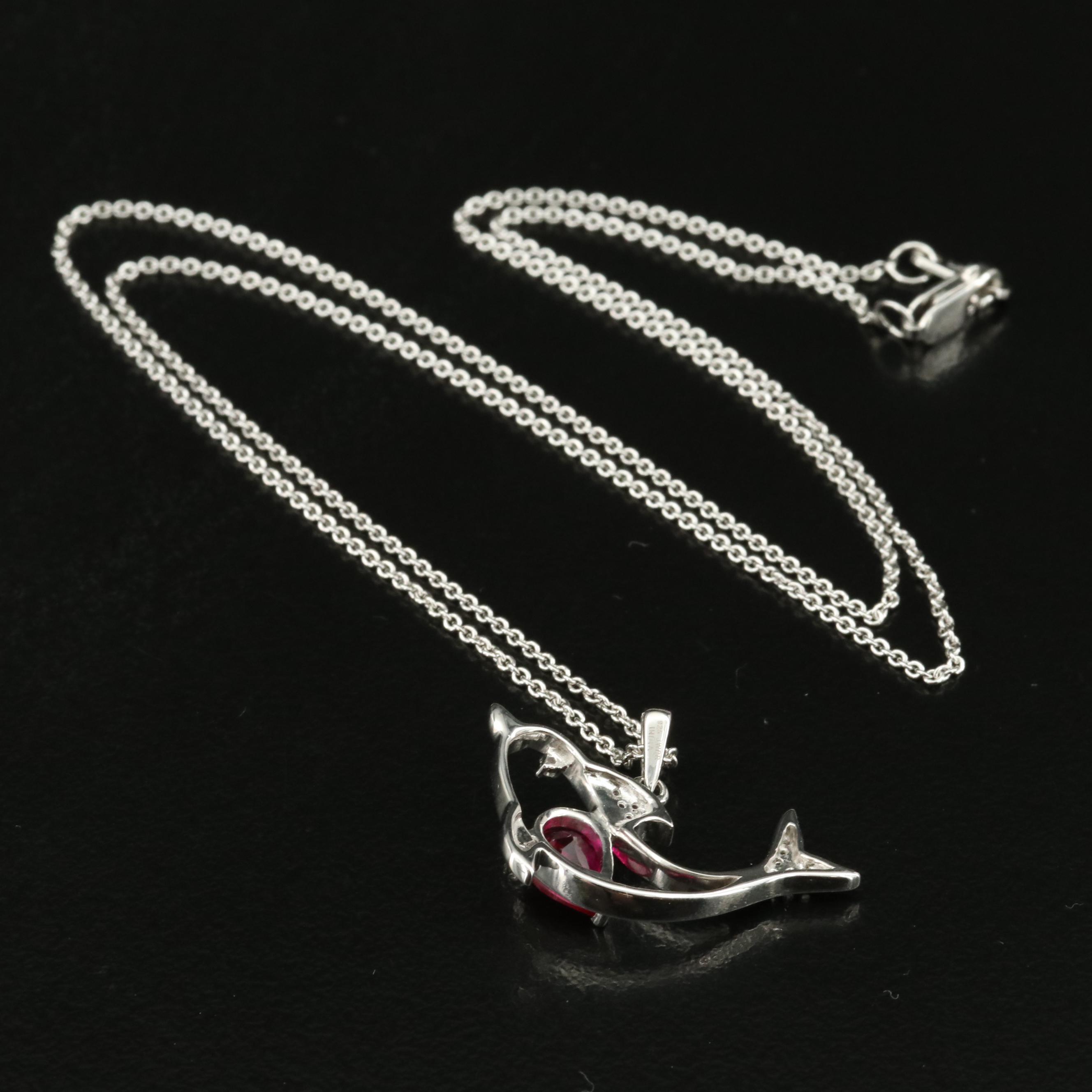 Sterling Ruby and Sapphire Dolphin Pendant Necklace