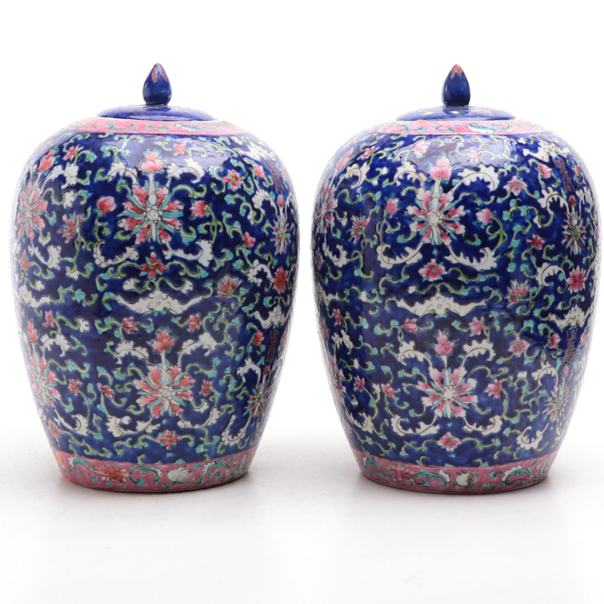 Pair of Chinese Enamel-Decorated Porcelain Covered Jars