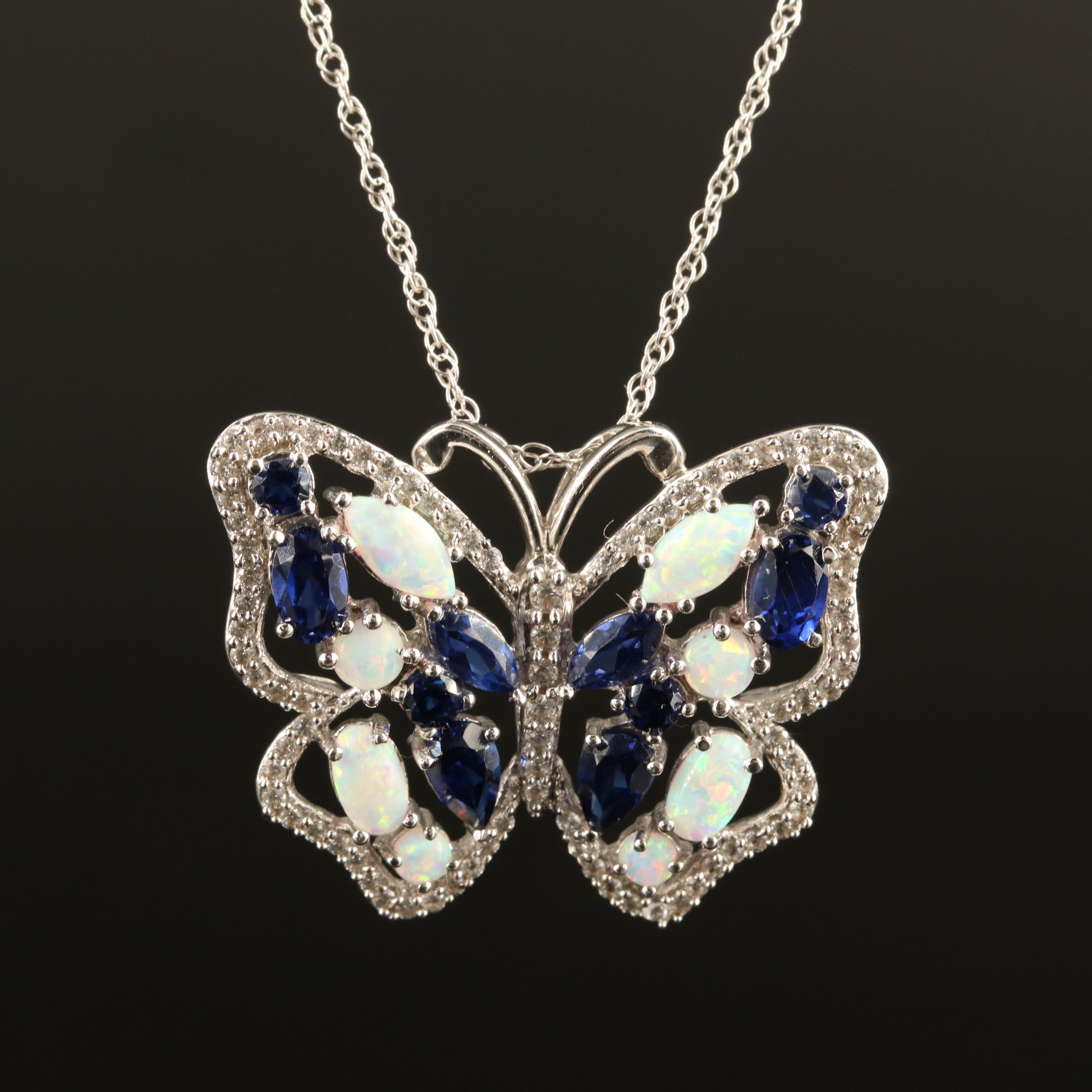 Sterling Opal and Sapphire Butterfly Pendant Necklace