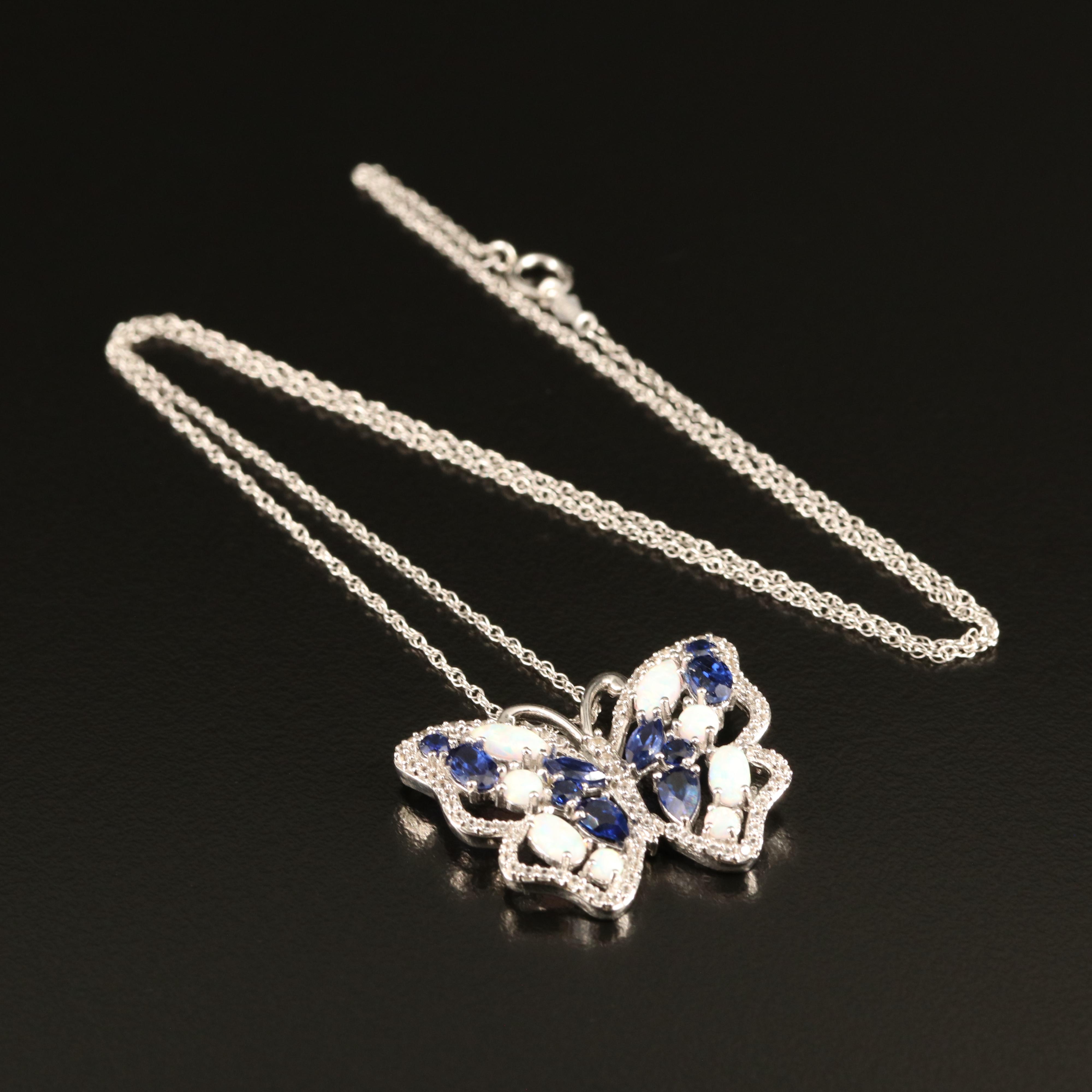 Sterling Opal and Sapphire Butterfly Pendant Necklace