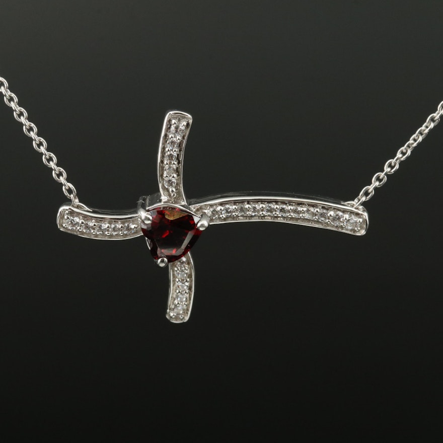 Sterling Garnet and Cubic Zirconia Cross Necklace